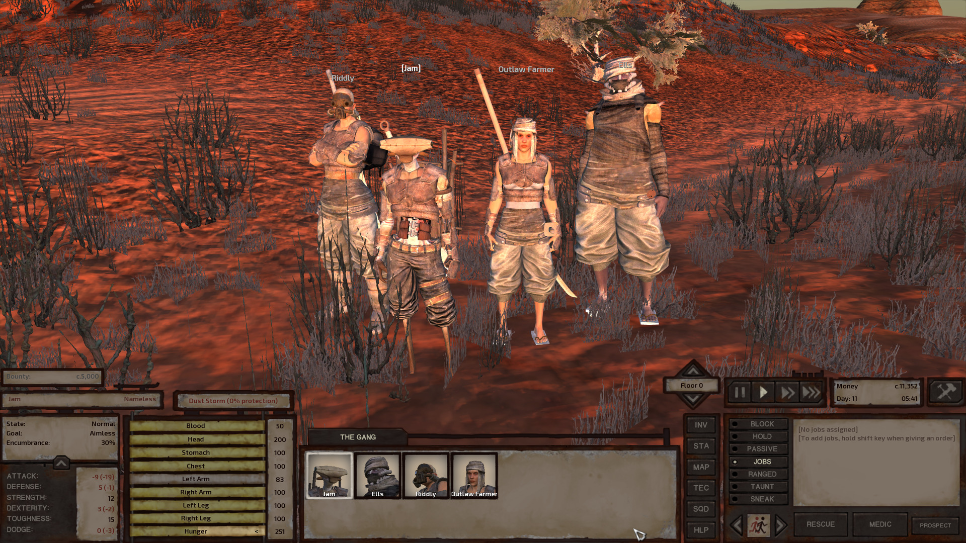 Riddly, Jam, Outlaw Farmer, and Ells standing amidst the scrub on the hill outside the hive village. Riddly, Jam, and Outlaw Farmer all have matching leather armour now. The armour is made to cover the chest and not so much the stomach, but Jam's new leather hive vest gives them a bit of protection there, cinched snugly around their abdoment. Outlaw Farmer has swapped out her straw hat for Riddly's old turban and Ells has upgraded from a non-protective gi top to decently protective ninja rags, a dark grey wrapped garment that covers his torso, arms, neck, and mouth.