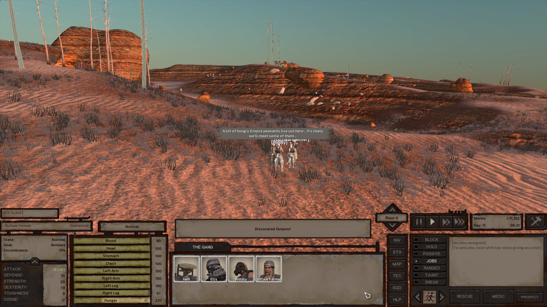 While walking, Jam relates what they've heard of the area. At the bottom of the screen, a text box reads 'Discovered Outpost'.