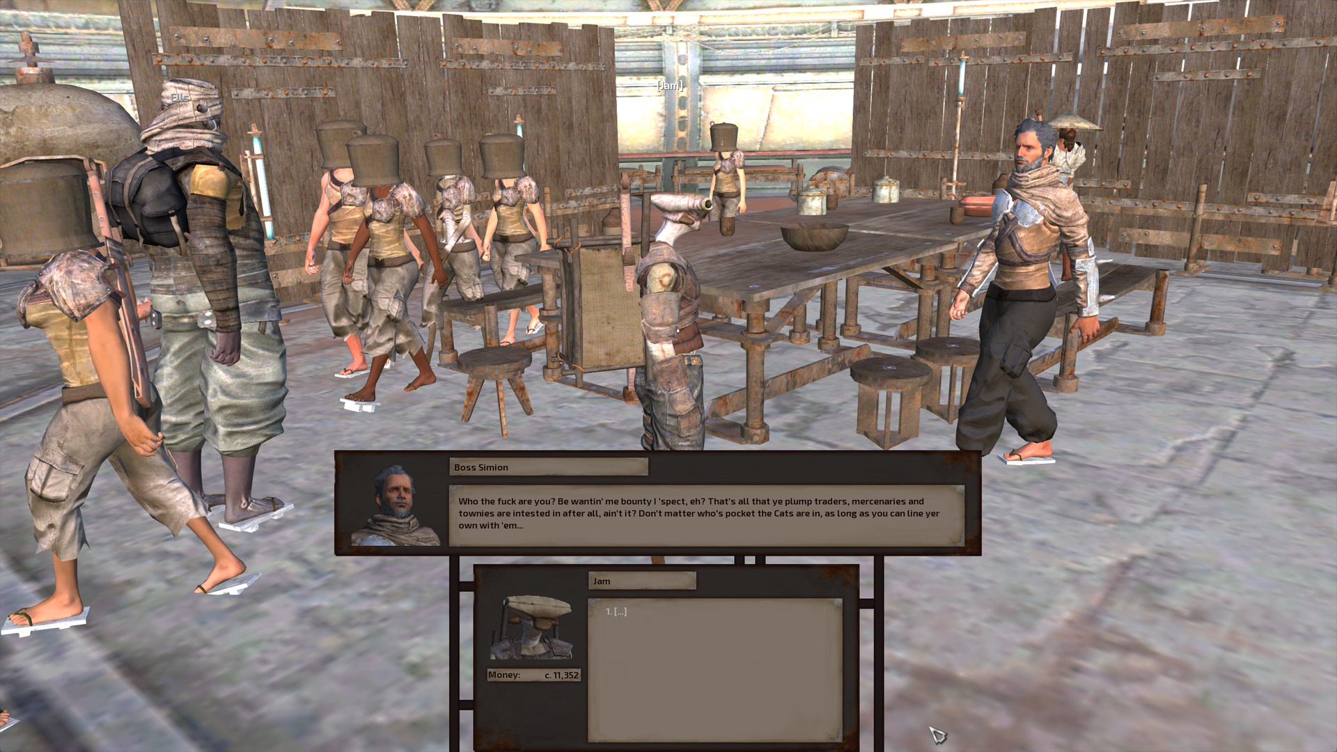 Jam and Ells stand inside a metal building furnished with a large dining table, wooden interior walls, beds, and a clay oven. A group of rebel farmer elites walk by, toting swords and wearing straw basket hats rather than the conical hats usually worn by their brethren. Jam speaks with Boss Simion, an imposing grey-haired man wearing armoured rags over the usual tank top, cargo pants and wooden sandals favoured by the rebel farmers.