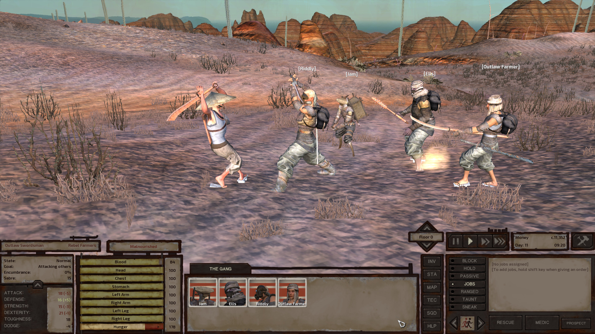 Riddly holds her sword up to block as the outlaw swordsman takes a big overhead swing at her. Behind Riddly, Jam, Ells, and Outlaw Farmer assume combat stances, awaiting an opening to attack the swordsman.