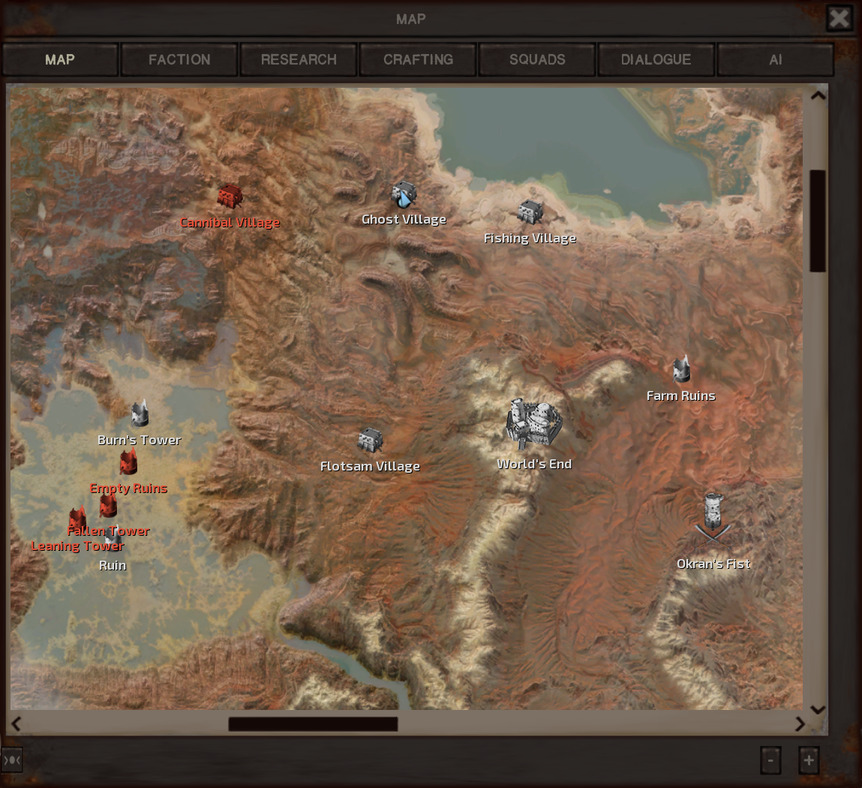The map, showing the fishing village to the east of the ghost village and the cannibal village to the west. Flotsam Village is to the south and a bunch of explored ruins sit in the Floodlands east of Flotsam and south-southest of the cannibal village.