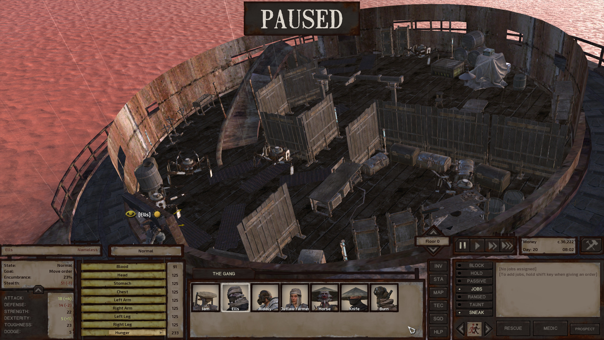 The ground floor of the wide round ruined building Ells has approached. It is divided into a small treasure room to the right of the entrance, a large room to the back, and a hallway to the right with stairs heading up to the second floor. All around the building, there are spider robots, including one staring directly at the door.