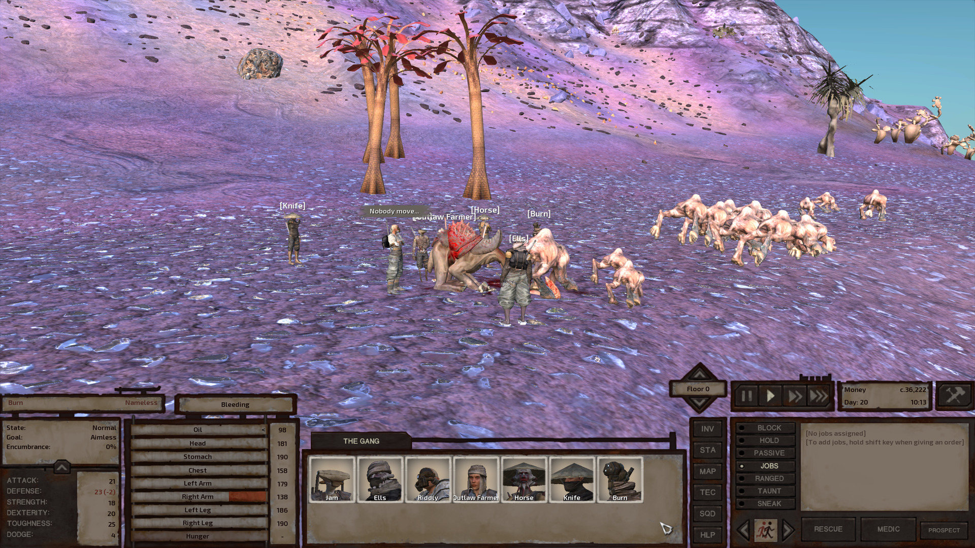 The gang stands stock still around a beak thing corpse, in front of a thicket of red-leaved palm trees, as a herd of twelveish garru stampede right between them.