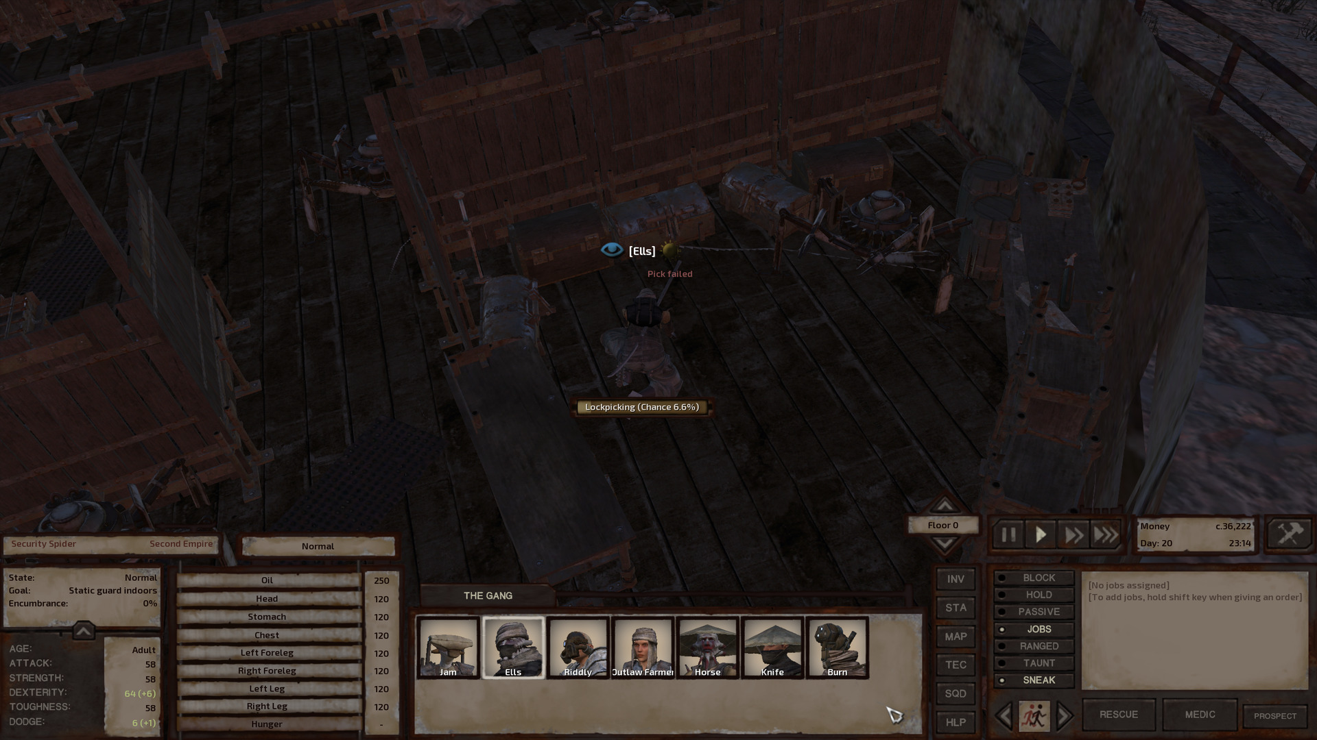 Ells works away picking a lock in the ruin's treasure room. A security spider looks pretty much directly at him. It really should see him.
