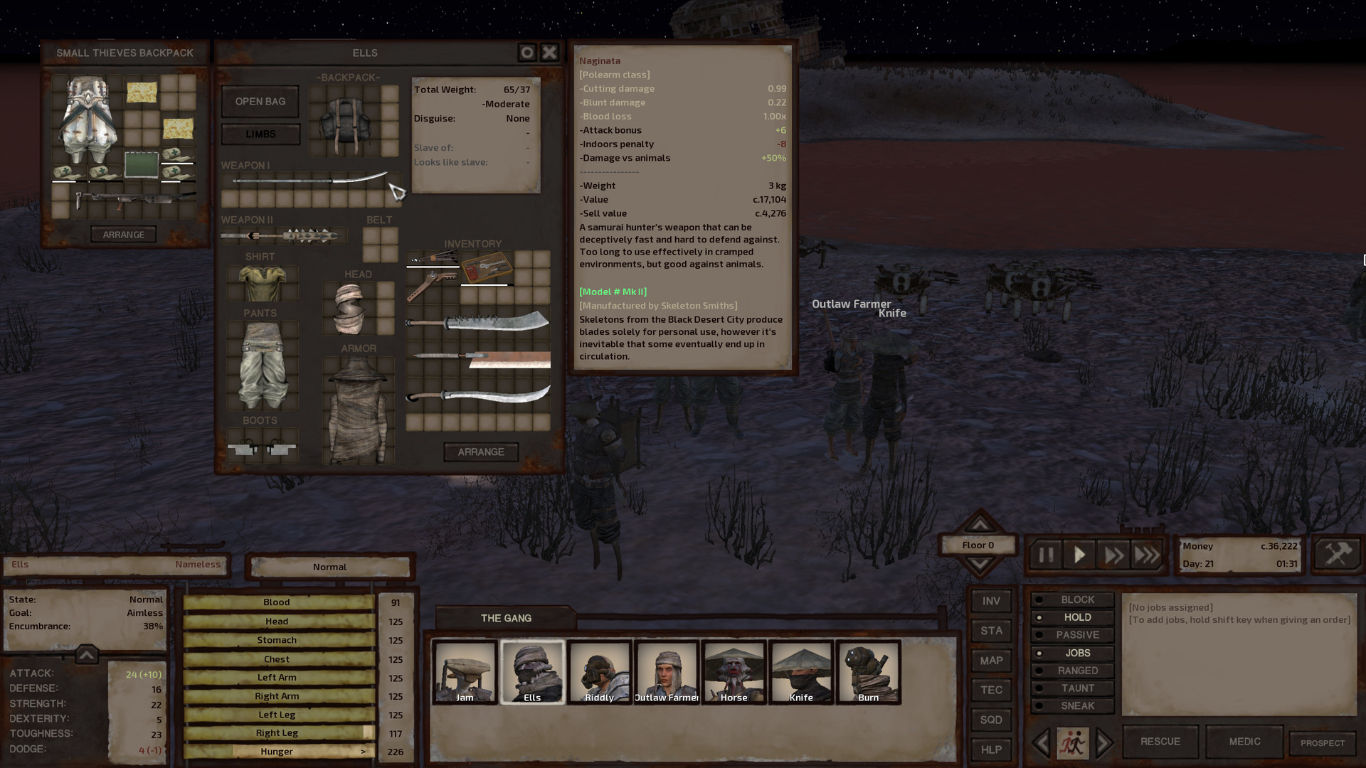 Back outside with the gang, Ells inspects his inventory. I have moused over his naginata, a weapon type I will describe three paragraphs from now. This one is a fairly high grade. The grade's description might be interesting: 'Skeletons from the Black Desert City produce blades solely for personal use, however it's inevitable that some eventually end up in circulation.'