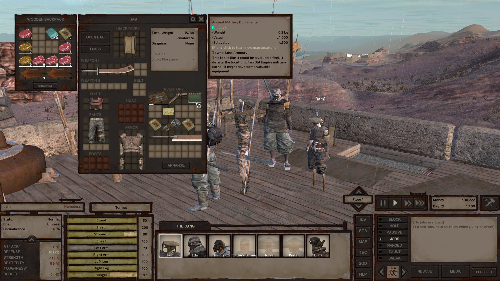 On the roof of the Ghost Village's bar, Jam's inventory is open to show a ridiculous amount of meat, a couple stacks of books, and a few other odds and ends including Ancient Military Documents. The Documents' description: 'This looks like it could be a valuable find, it details the location of an Old Empire military cache. It might have some valuable equipment'