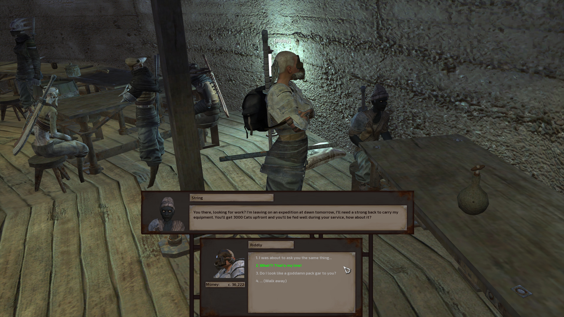 At a table in the corner of the large bar, Riddly banters with String, a charcoal-skinned human woman wearing light adventuring clothes and a tuque.