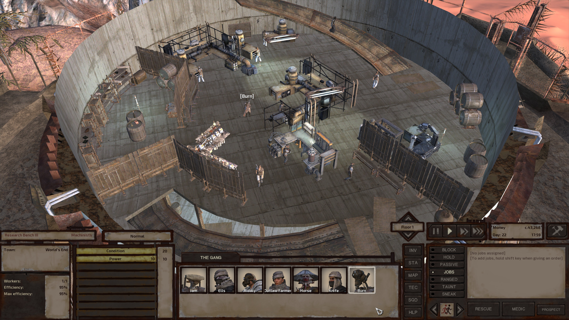 The university's spacious, well-lit interior with a large central area for research, a side room for storage, and a bunch of booze casks near the stairs as research aids. The Machinists wear a uniform of a tan leather wrapped jacket over a white shirt and comfy white gi pants.