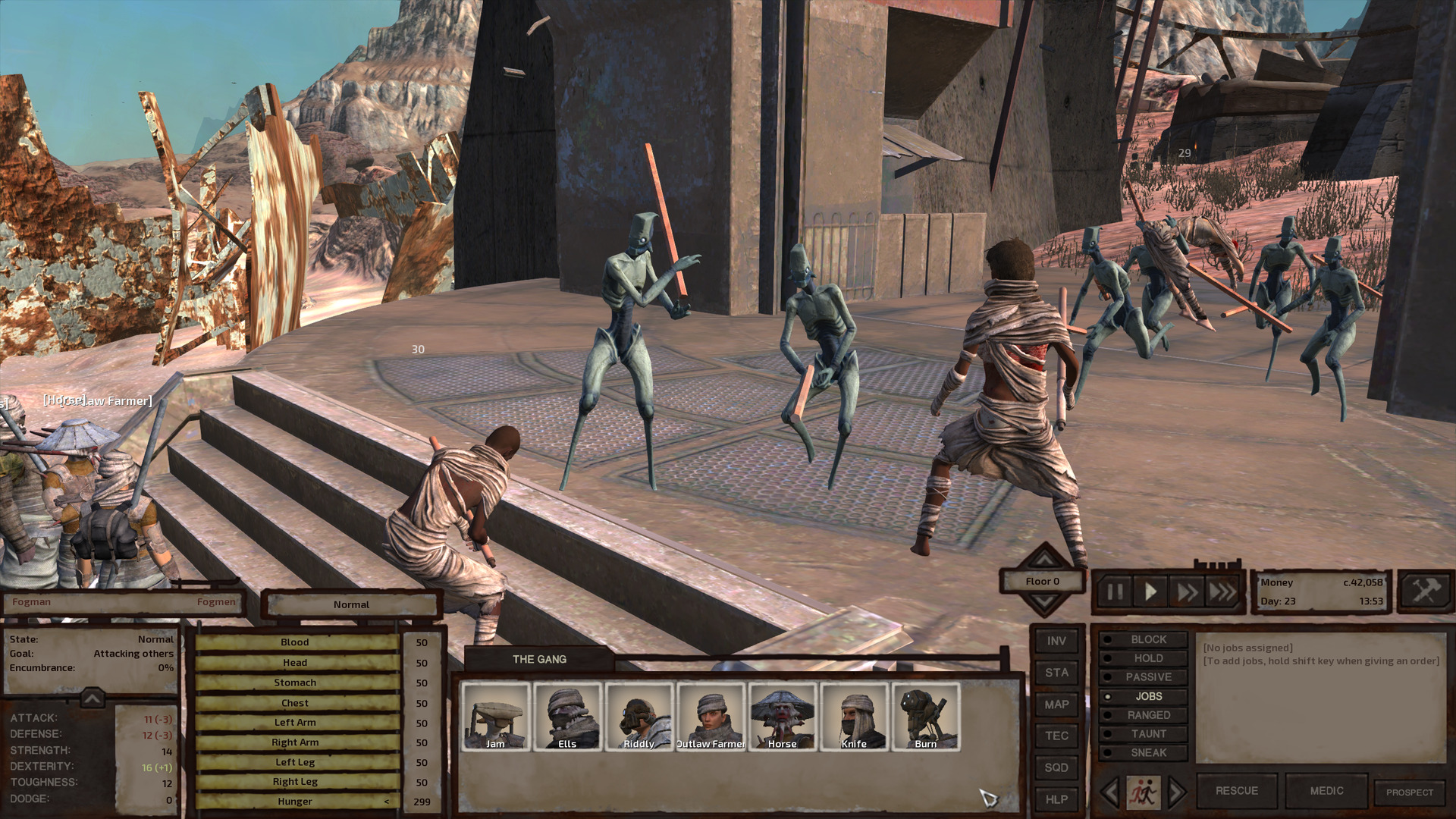 On the platform that held the outpost's gate, humans wearing shabby rags fight with greenish-blue hive worker drones. Both sides wield sticks as weapons.