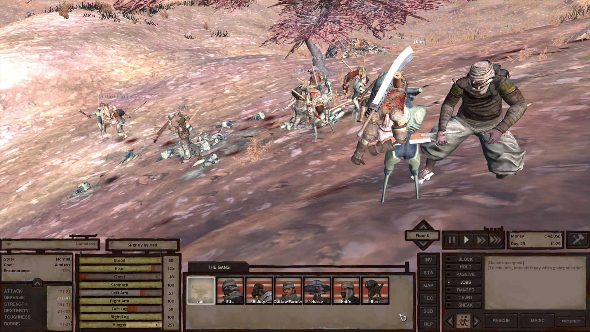 The gang fights fogmen. They appear to be winning, with many fogmen dead or unconscious on the ground. Prominent in the foreground, Ells exchanges blows with a fogman soldier drone who is carrying Jam over one shoulder.