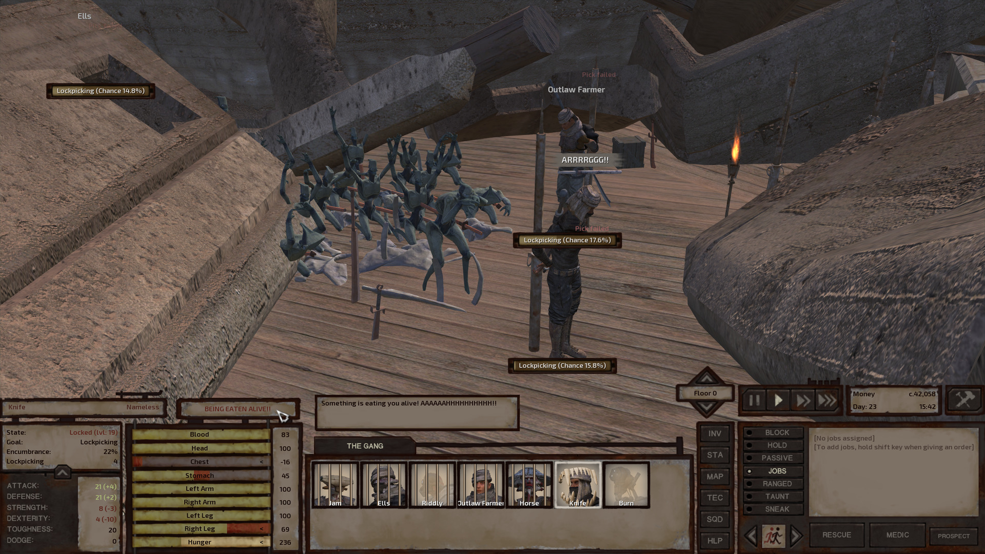 Knife and Outlaw Farmer are chained to poles in the middle of a ruined building. Large broken slabs of the stone walls and wooden beams intrude upon the wooden floor. A fog prince gnaws on Knife while numerous other fogmen behind them kneel and wave their arms up and down in praise. Knife has the status 'BEING EATEN ALIVE!!', the tooltip for which reads as follows:
