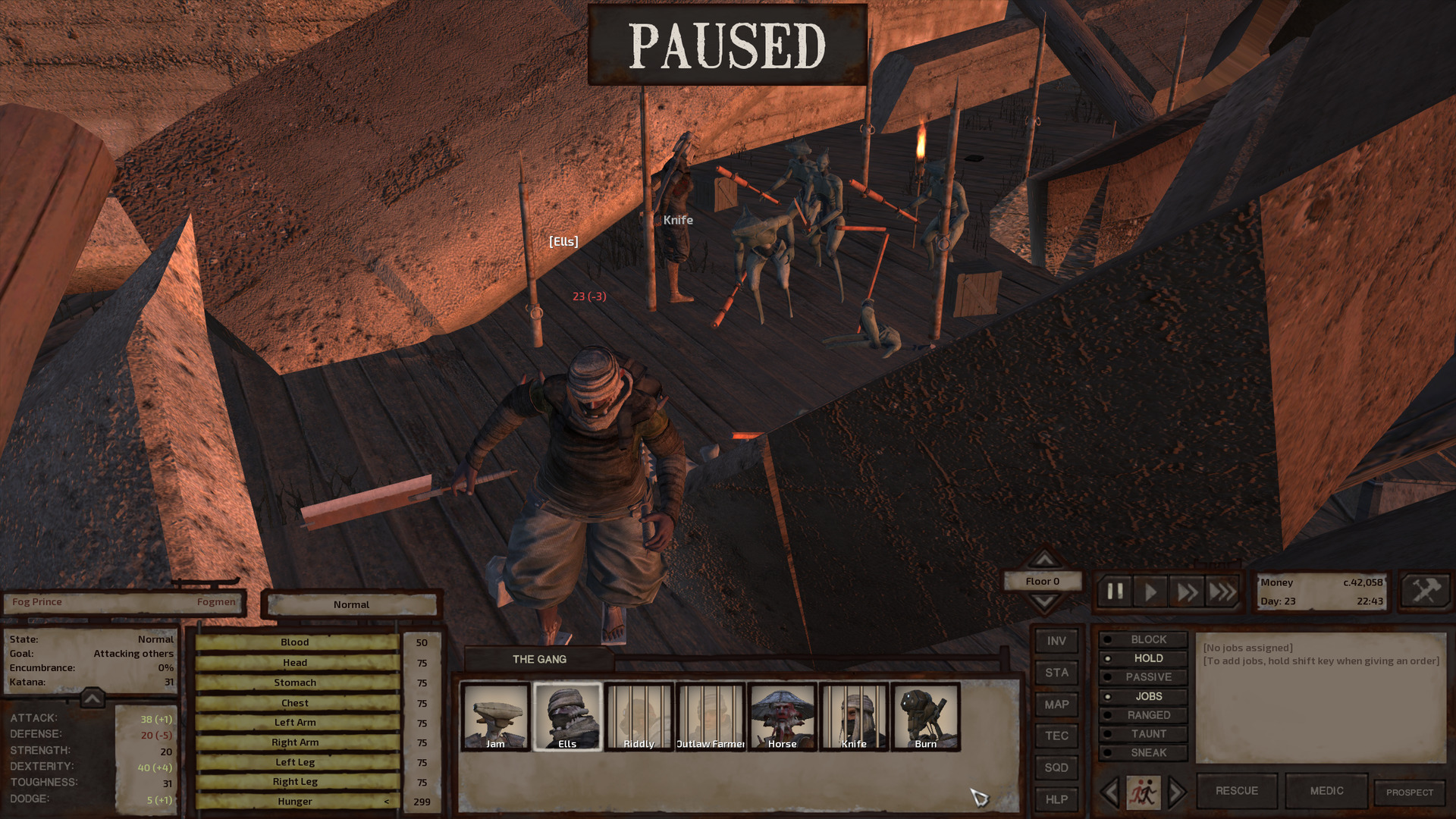The fog prince and their heavies have their clubs out and are starting to chase Ells, who hobbles away with his cleaver in his hand. A couple fogmen lie dead on the ground. Knife is chained to a pole beside the fog prince.
