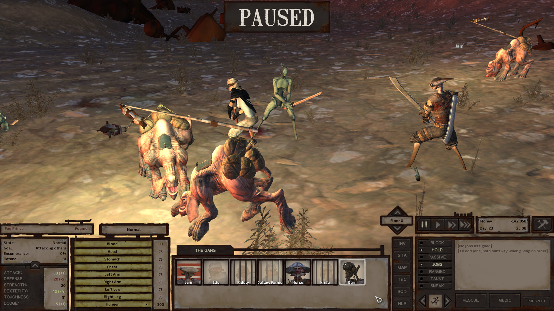 Jam squares off against the fog prince, who has a very rusty katana. A nomad also takes a swing against the prince with her staff, unfortunately missing. Three of the nomads' pack garru run about this way and that, battling fog heavies that are currently offscreen.