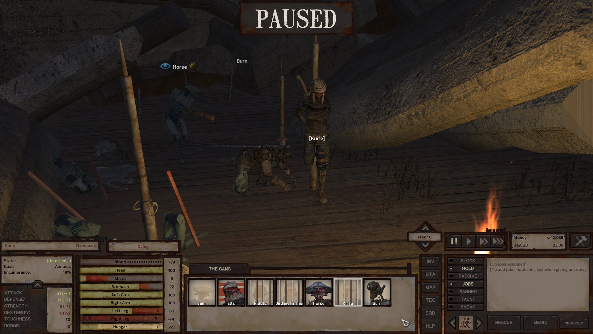 Burn kneels next to Knife, administering first aid. Behind them, a fog heavy swings a club at Burn. Knife is in terrible shape: She is Dying, she is missing her right leg, and she is losing blood rapidly.