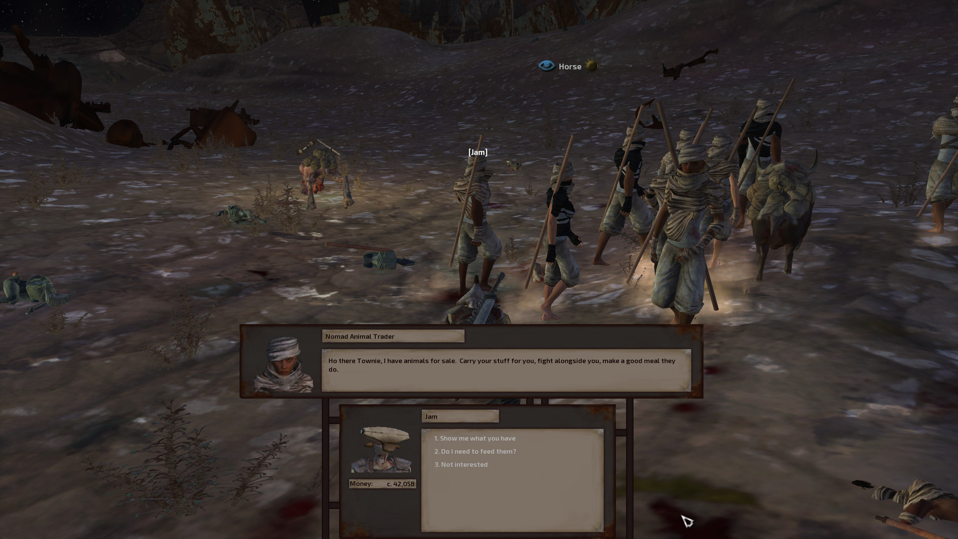 Jam talks with the leader, a nomad animal trader. She wears a tagelmust, light clothing, and rags. Six other nomads, a pack garru, and a pack bull mill about behind her.