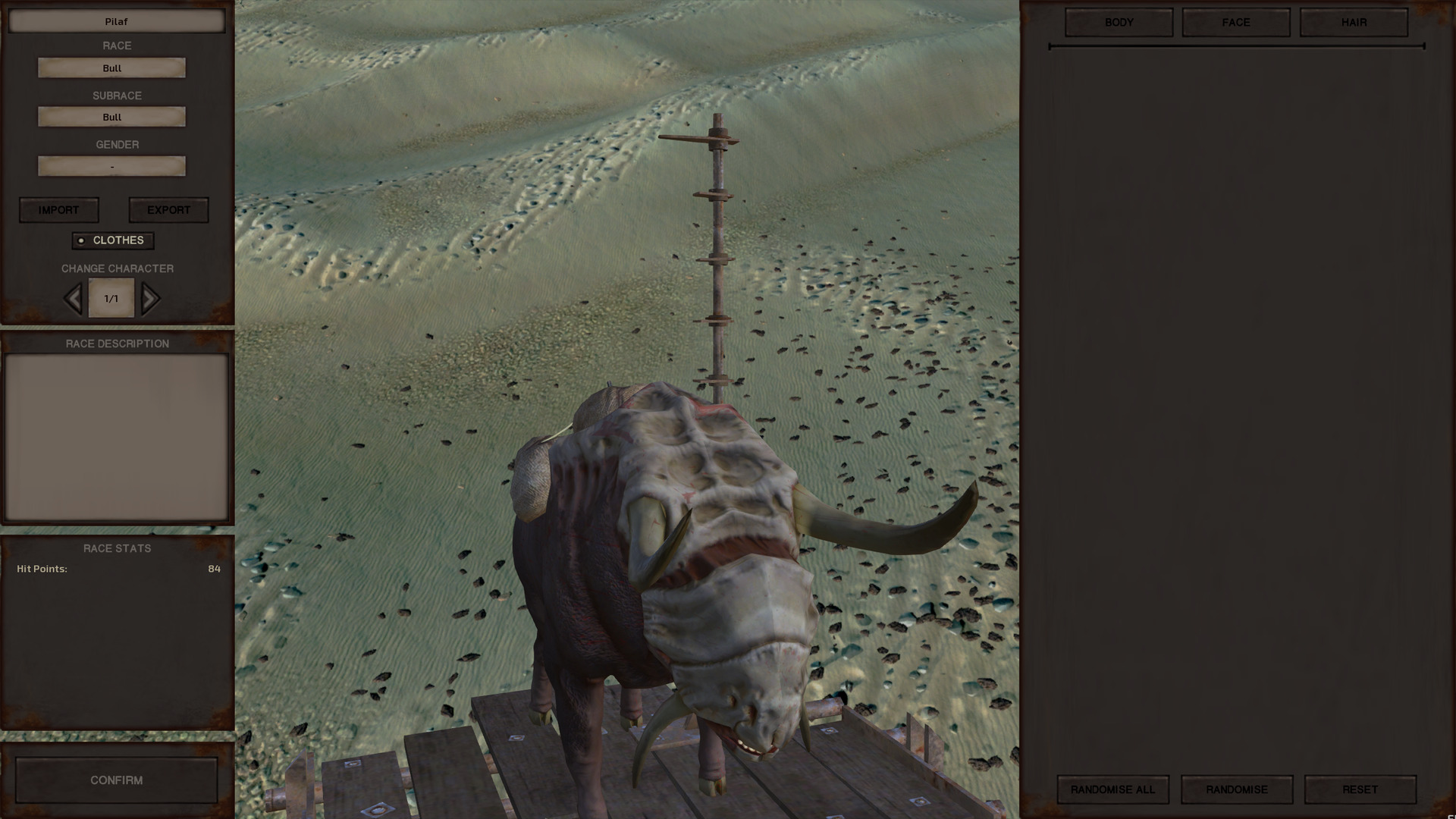 The character creator for the pack bull. There aren't any character creation options but we're here anyway to name her. A bull in Kenshi looks like a real-world bull but with a rounded face rather than a muzzle, bone plating covering its head, neck and back, a pair of forward-curving horns sprouting from either side of its jaw, and a larger second pair of horns, pointed forward and curving upward, sprouting from either side of the front of the ridged bone plate covering its neck and back. In other words it looks nothing like a real-world bull but I hope that paints a picture.