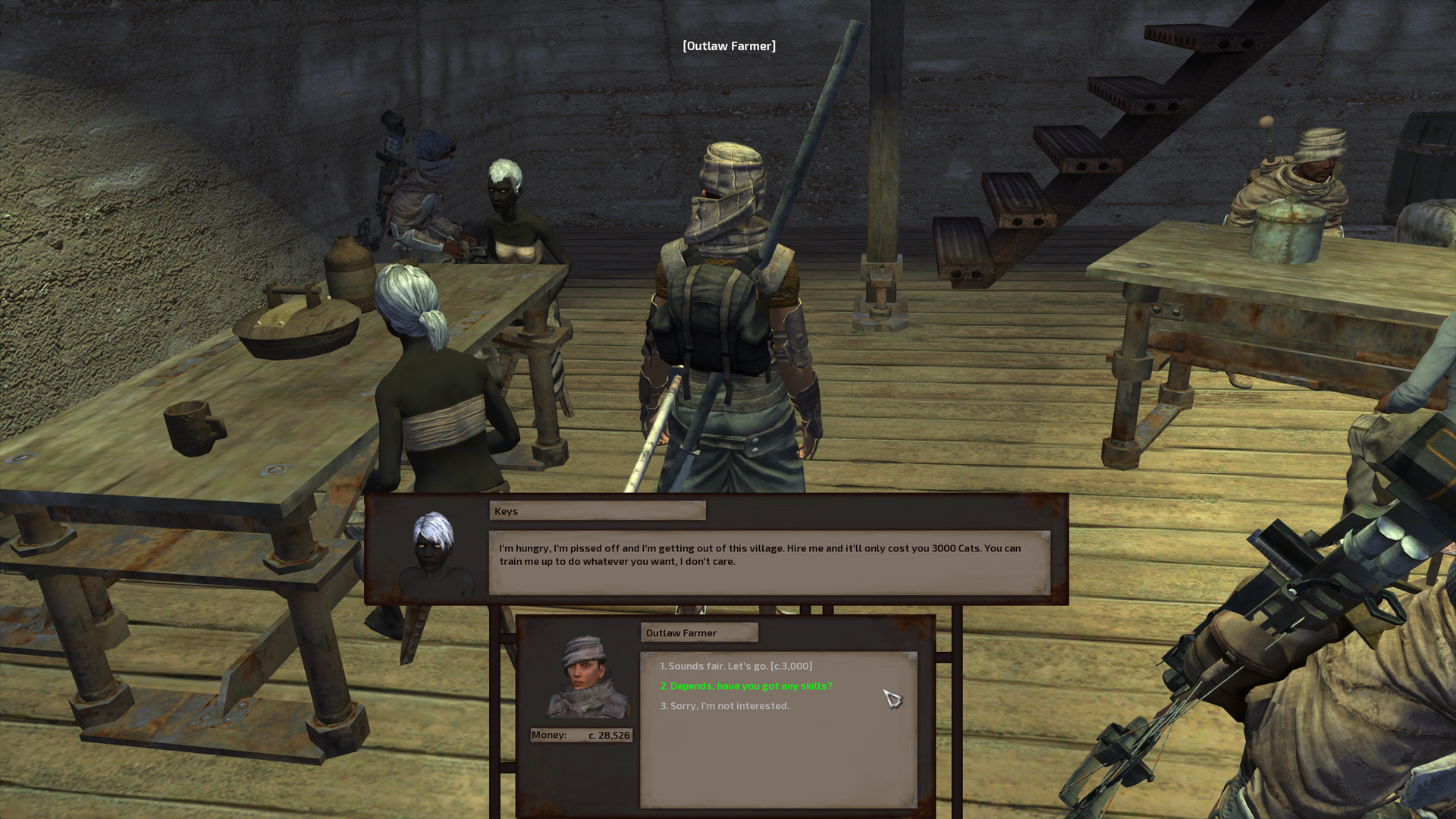 In the Flotsam bar, Outlaw Farmer chats with Keys, a charcoal-skinned human woman with her white hair in a ponytail. She wears cargo pants and no shirt but has her chest wrapped.
