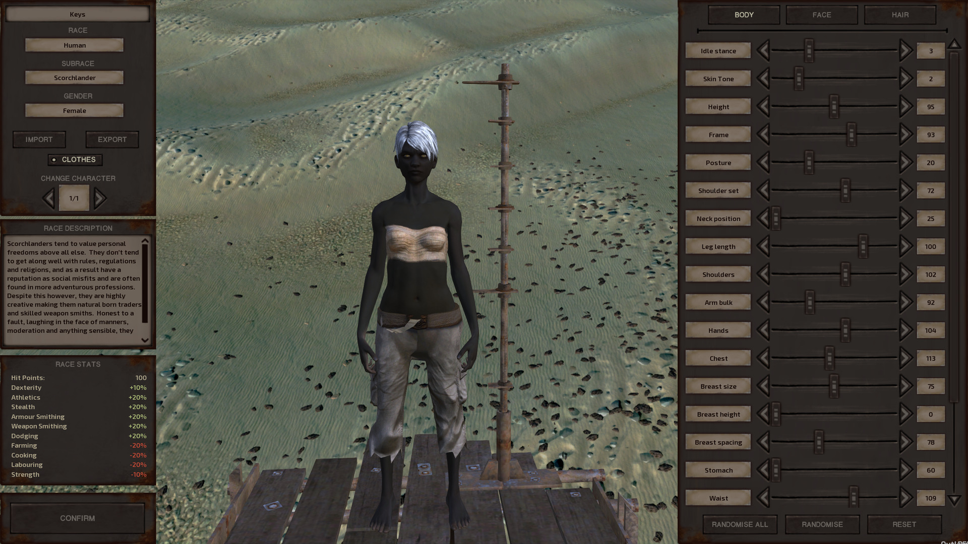 The character creator screen for Keys.