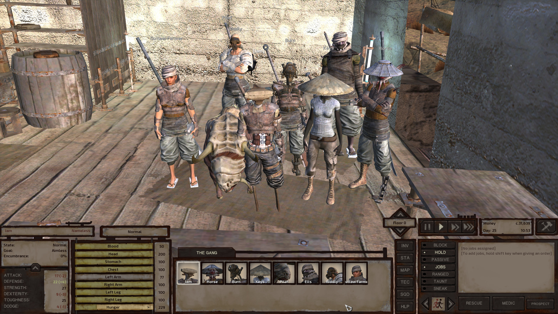 A group shot of the gang:Most of them are wearing brown leather armour that covers the chest and partially covers the arms, and baggy high-waisted pants that taper just below the knees. Ells is still looking sneaky in his ninja rags and Riddly is still wearing her fog mask and white metal upper body armour.
