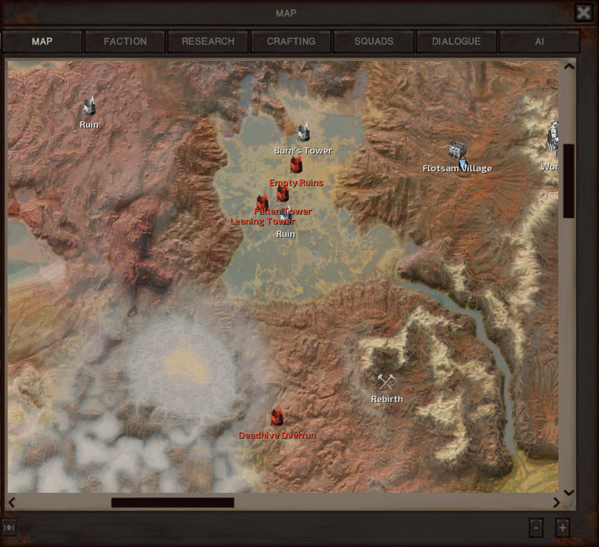 The map, showing the Floodlands centre north, Flotsam Village within the Hidden Forest to the northeast, what appears to be light grey valleys winding between dark brown hills to the southwest, then the Deadhive Overrun and finally Rebirth in the southeastern mountains. A river separates Rebirth from the mountains that World's End sits atop.