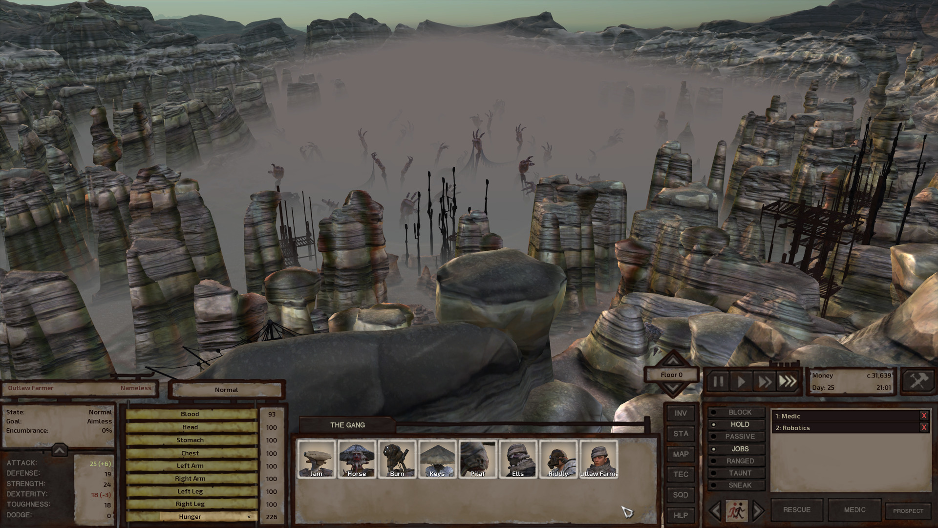 Past the cliff's edge, past a ring of hoodoos and outcroppings of high ground, dense fog blankets the canyon floor. Numerous robot arms stretch upward from it, rusted and still, each several times the size of a human.
