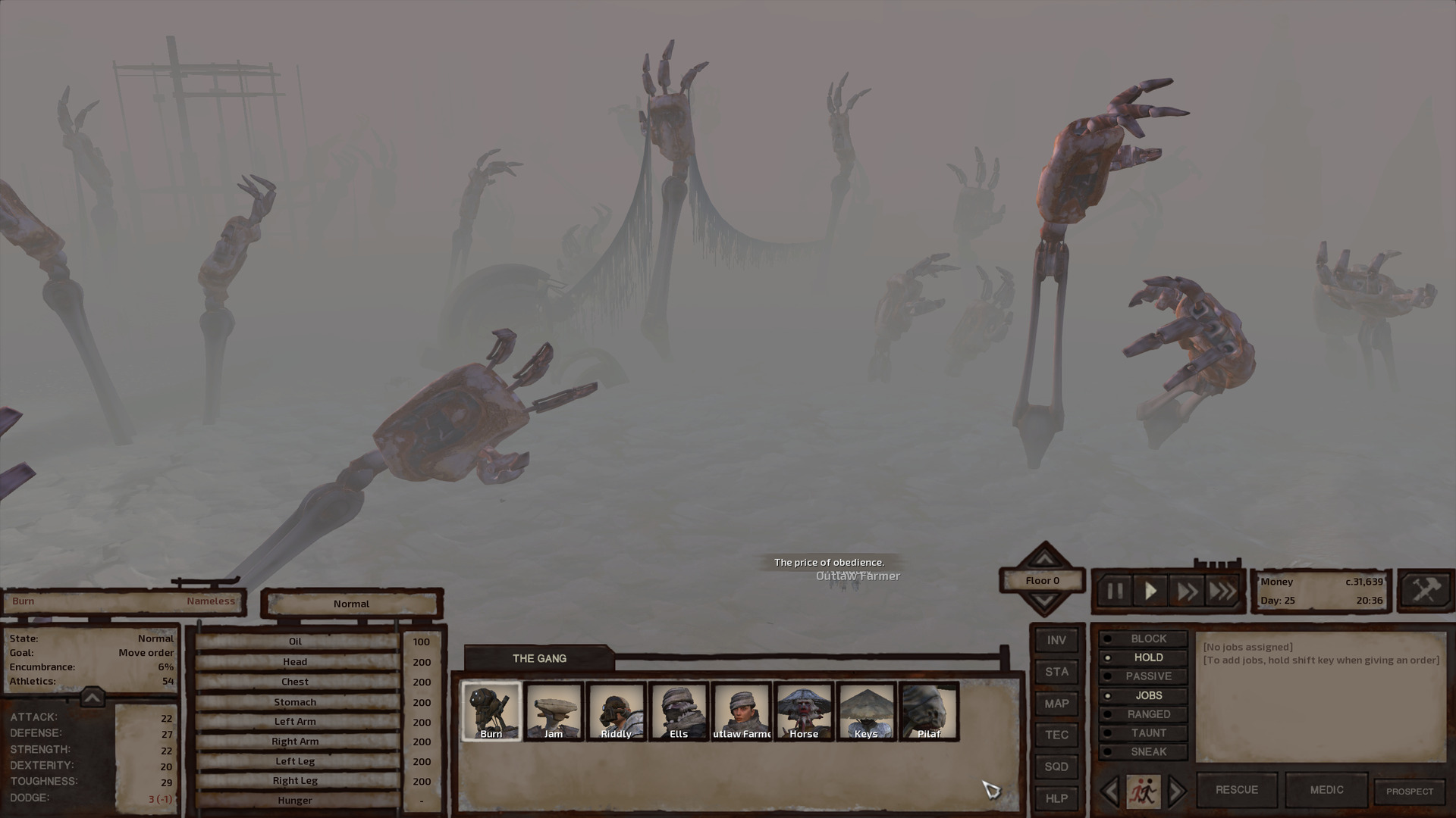 The gang walks through the midst of a cluster of enormous robot arms and hands sticking out of the ground.
