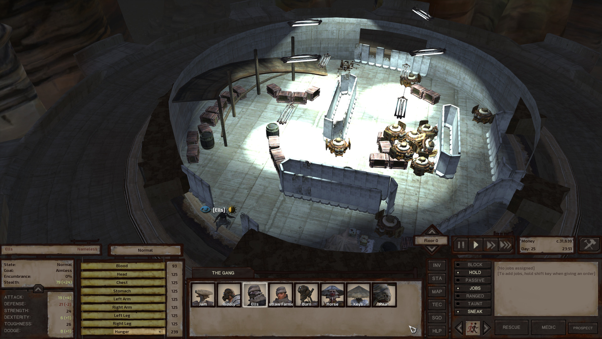 The lab's ground floor. Concrete interior walls and strategically placed crates combine to form a sort of labyrinth, though the only thing that actually matters is the path from the door up the stairs and that's not blocked at all. Piles of security spider torsos litter the middle of the room. One security spider stands at the bottom of the stairs, facing into the part of the room we don't really care about.