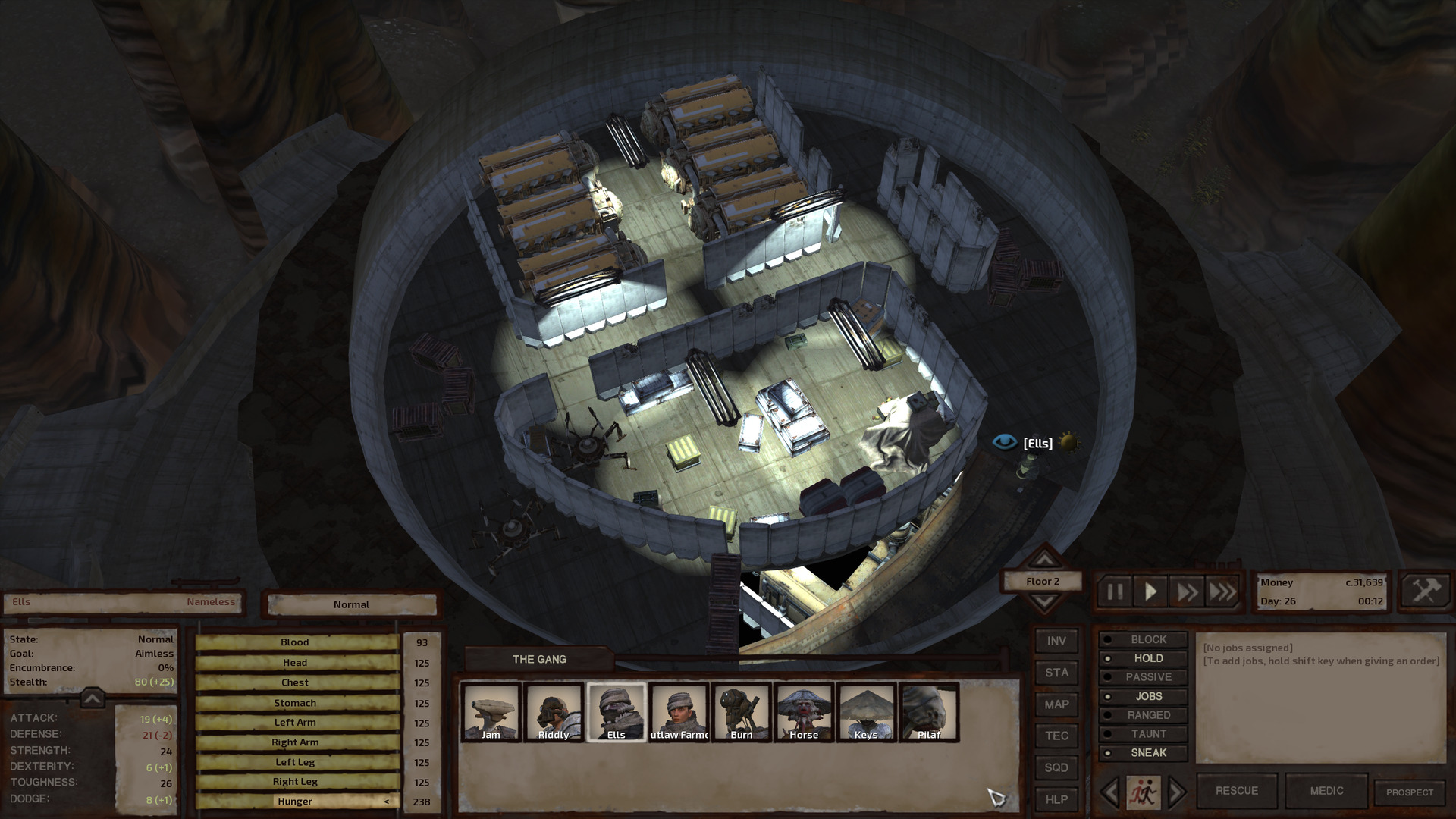The top floor. Don't think you're gonna catch me out with this second floor/third floor ambiguity. The concrete interior walls separate this floor into a large treasure room on one side, a room stuffed full of generators on the other, and a narrow hallway that winds around and between them. There are two security spiders here: One positioned in the dark far end of the hallway where there's no way it's going to see anything and the other positioned very rudely.