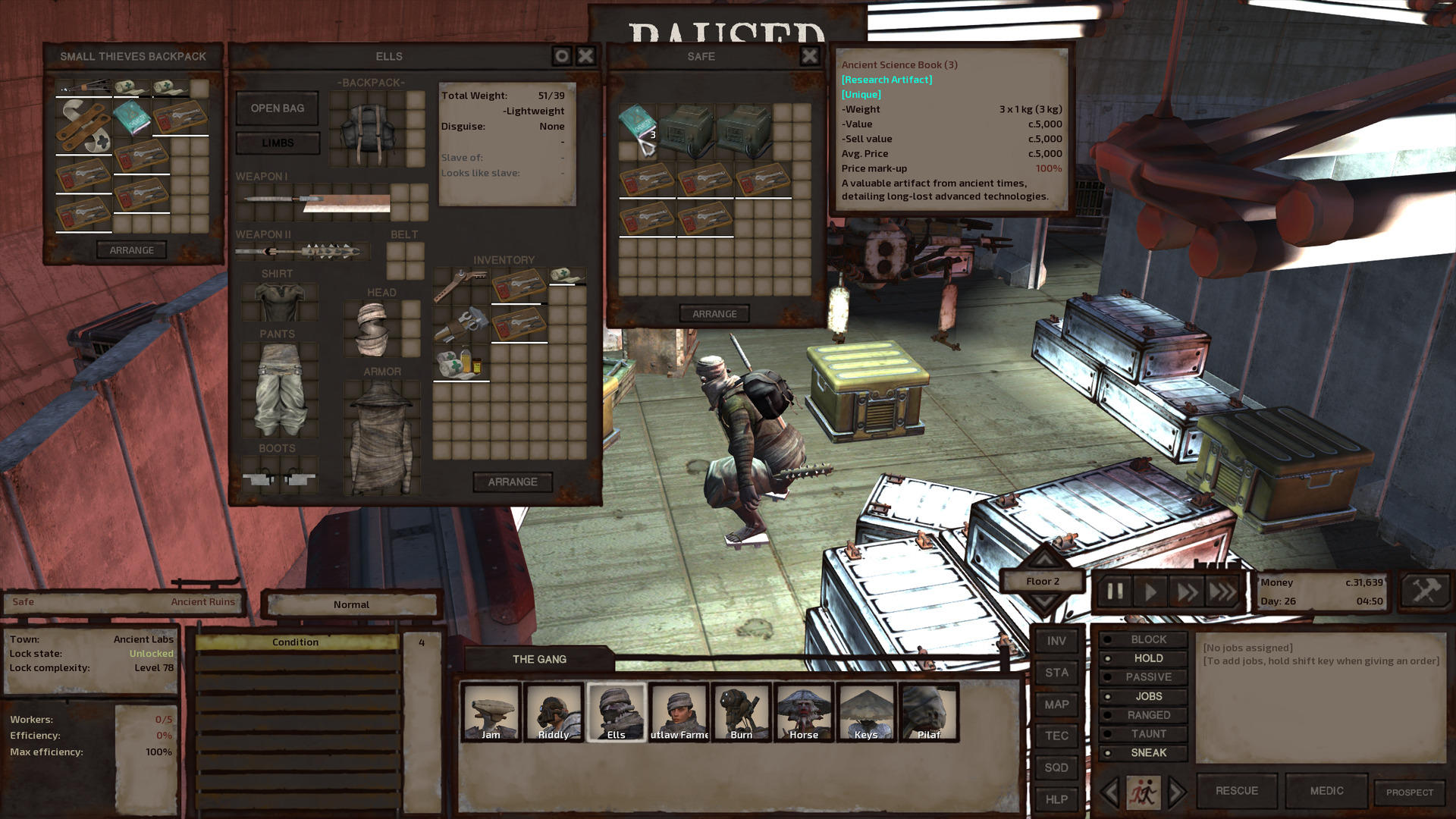 Ells loots a safe. It's got a few ancient science books, two CPU Units, and five skeleton repair kits. This stuff is worth a lot of money. Other than the CPUs, which are only good for selling, they could be quite nice to keep, too.