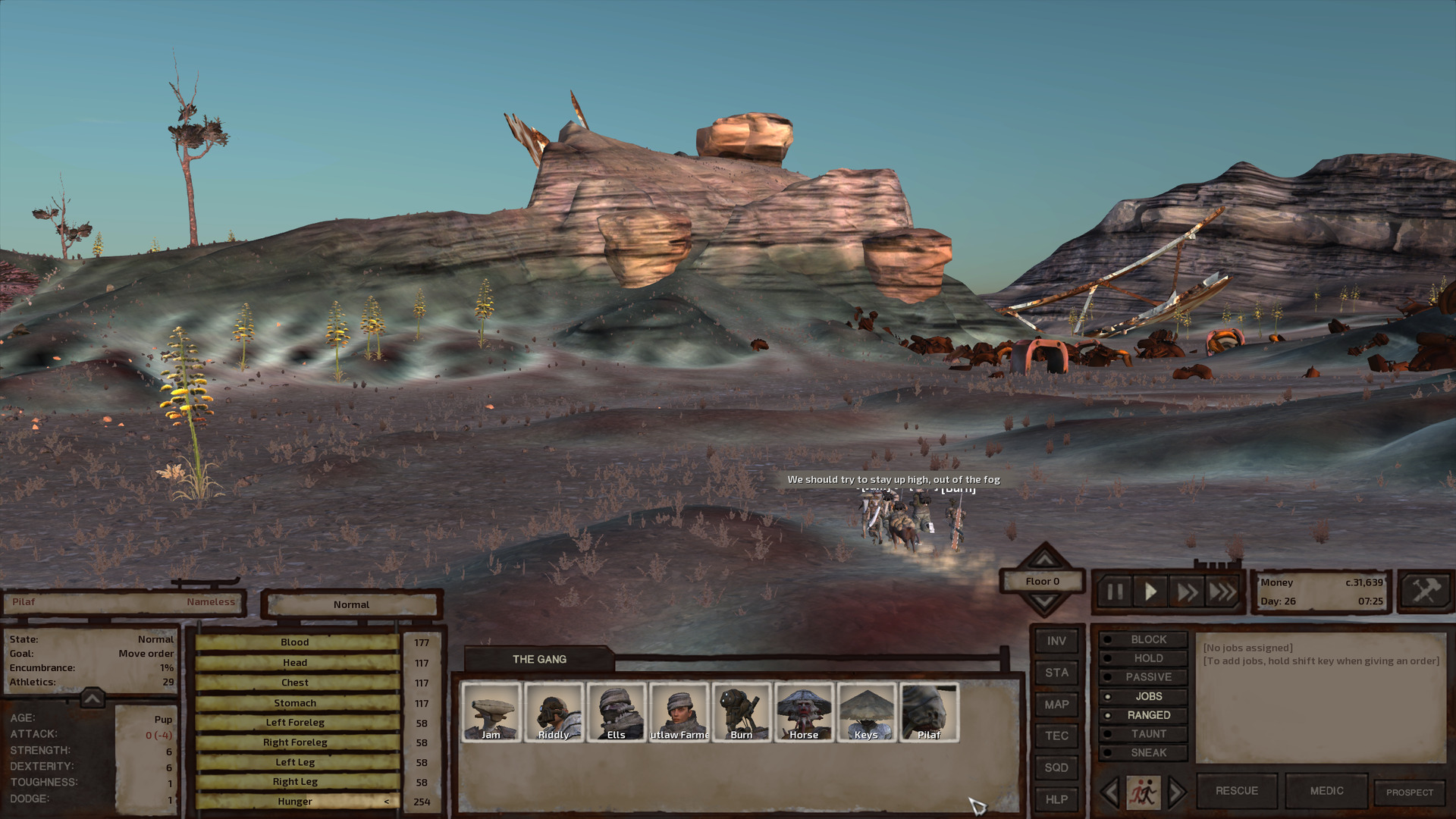 The gang travels along a grassy plateau. Over the rocky hills in the background, the sky is a clear, beautiful blue. The ground is, for some probably mineral-related reason, a motley of burgundy and faded aquamarine. A little ways beside the gang's path, the plateau is littered with hunks of ancient rusted junk.