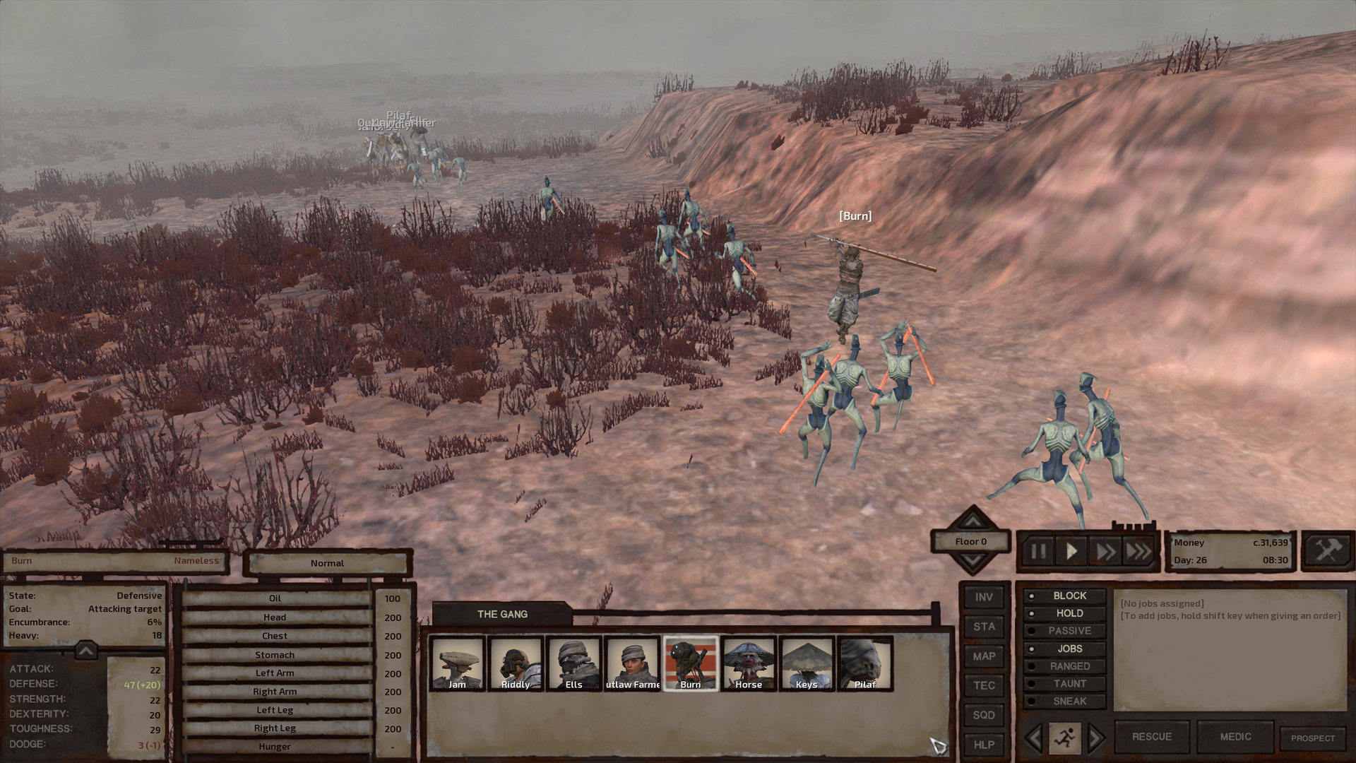 Burn holds their fragment axe high in a defensive position in front of them, ready to intercept the fogmen's overhead attacks. Five fogmen cluster around Burn and prepare to attack while eight more charge off through a field of burgundy scrub after the rest of the gang, who are fleeing into the distance.