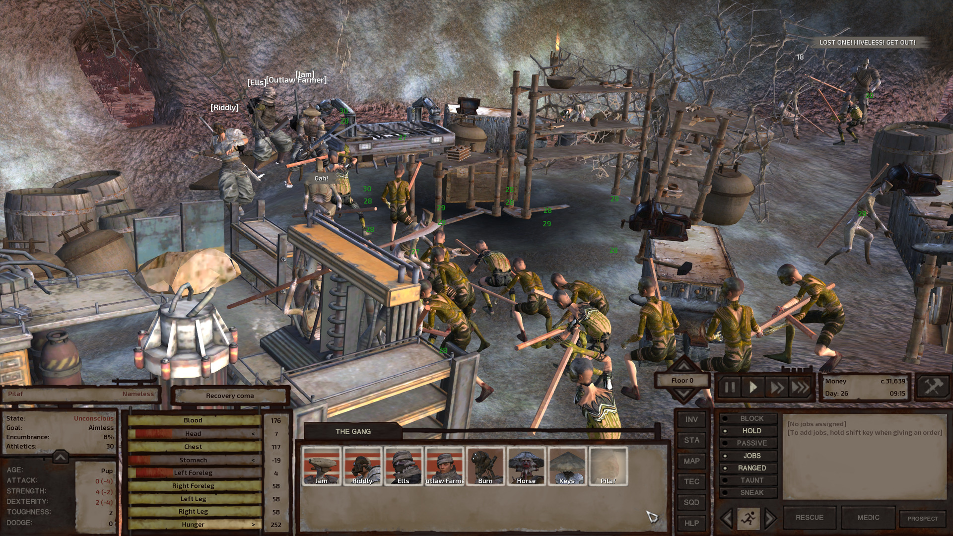 Scrawny cannibals fill the robotics shop's cramped quarters, piling in one after another. The gang and the hive fight back between the shelves and the workbenches, a sweeping swing from a soldier drone's polearm sending a whole bunch of cannibals reeling at once. In the background, near one of the shop's three entrances, a hive prince screams at Jam over the din while fighting off yet another scrawny cannibal.