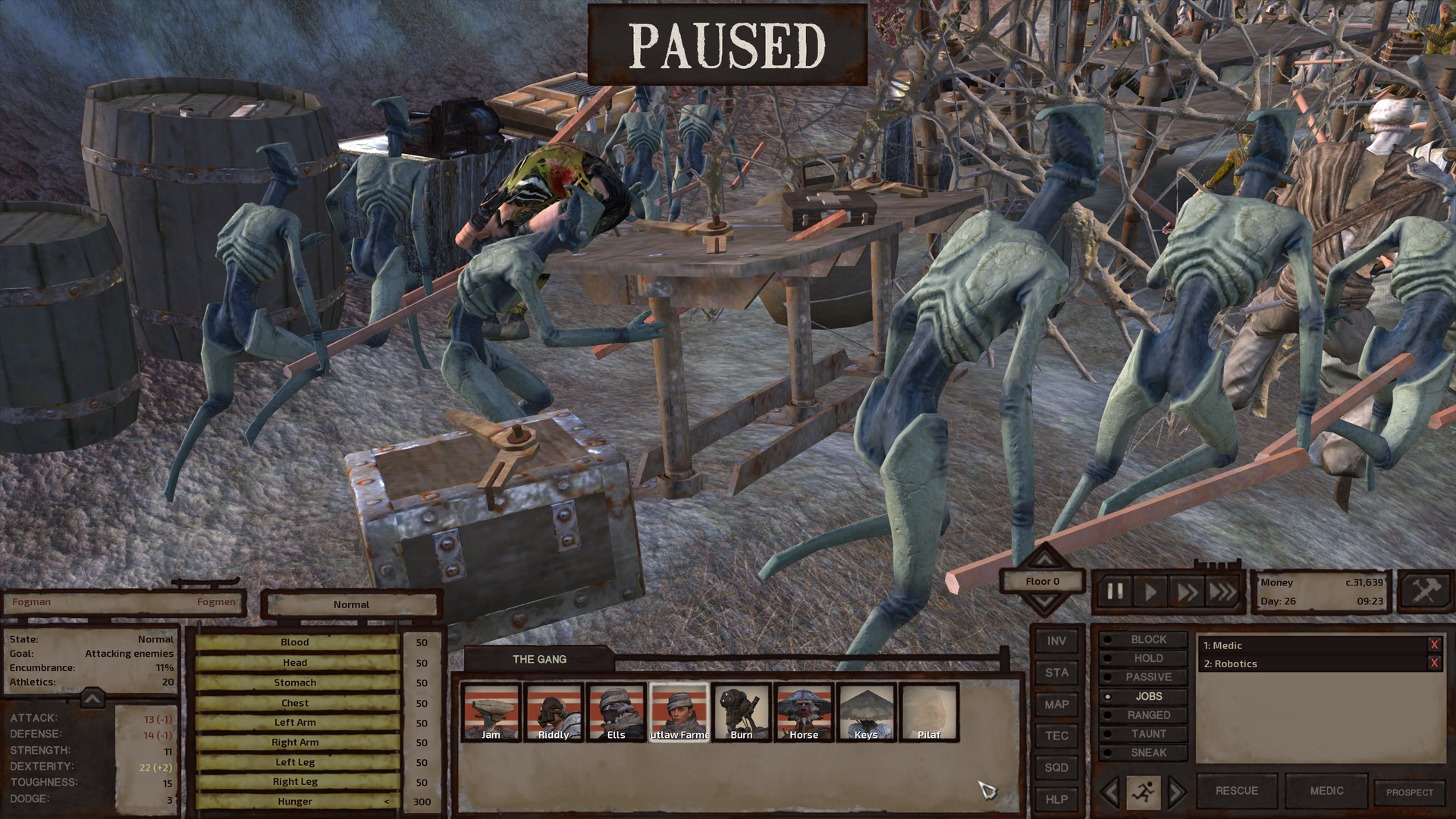 Numerous fogmen charge into the shop, splitting ranks both ways around the central arrangement of tables and shelves. One fogman has a scrawny cannibal slung over their shoulder.