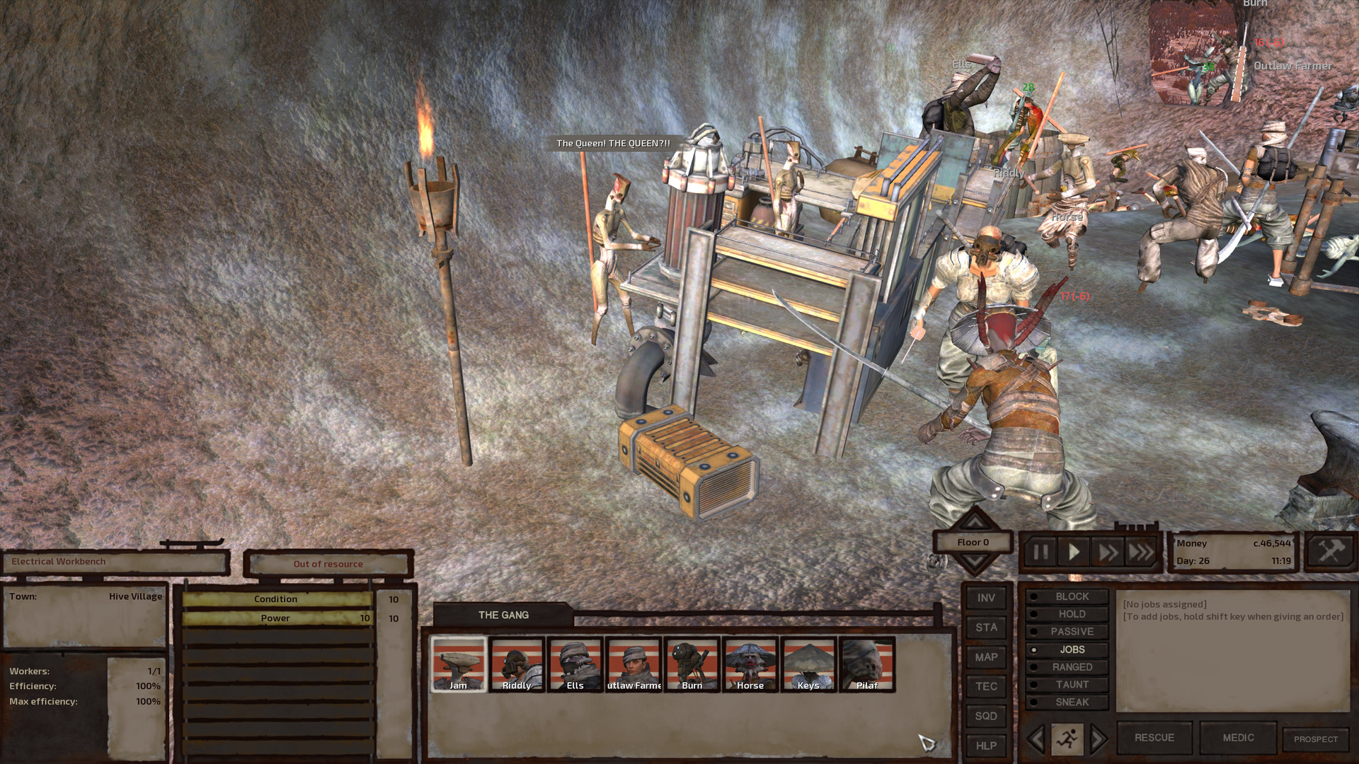 In the foreground, Horse staggers from a hit while the gang and the hive clean up the last few foes. To his left, a hive worker with a bloody head toils away while having a bit of a moment.