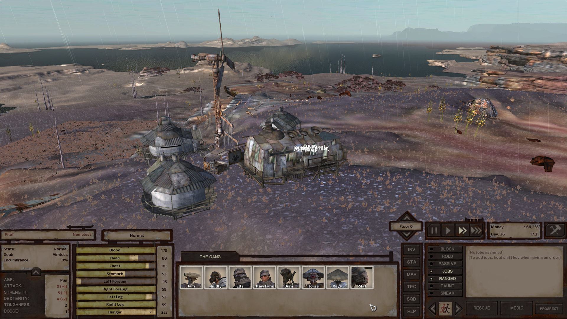 This village on a hill consists of a few huts and a rectangular shack, their exteriors made of scrap metal. They are arranged around a well and a tall windmill.