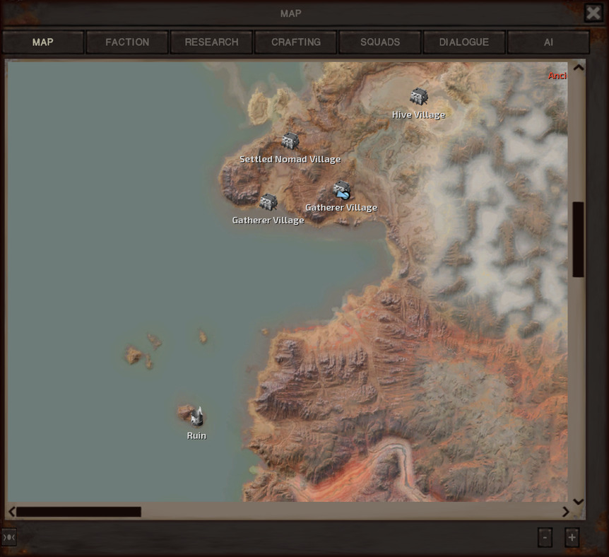 The map, showing the Dreg peninsula centre north, the ocean to the west, and the Fog Islands northeast. Southeast is another land tinged a kind of burnt orange. Off the coast of that land are a few small islands; on one of these sits an unexplored ruin.
