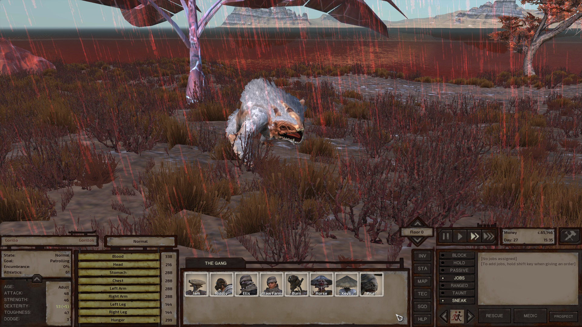A gorillo walking along the coast, red rain falling in sheets and a distinct red colour to the water behind it. Gorillos are large, hunched knuckle-walkers with short white fur and long faces with toothy mouths and deep-set eyes.