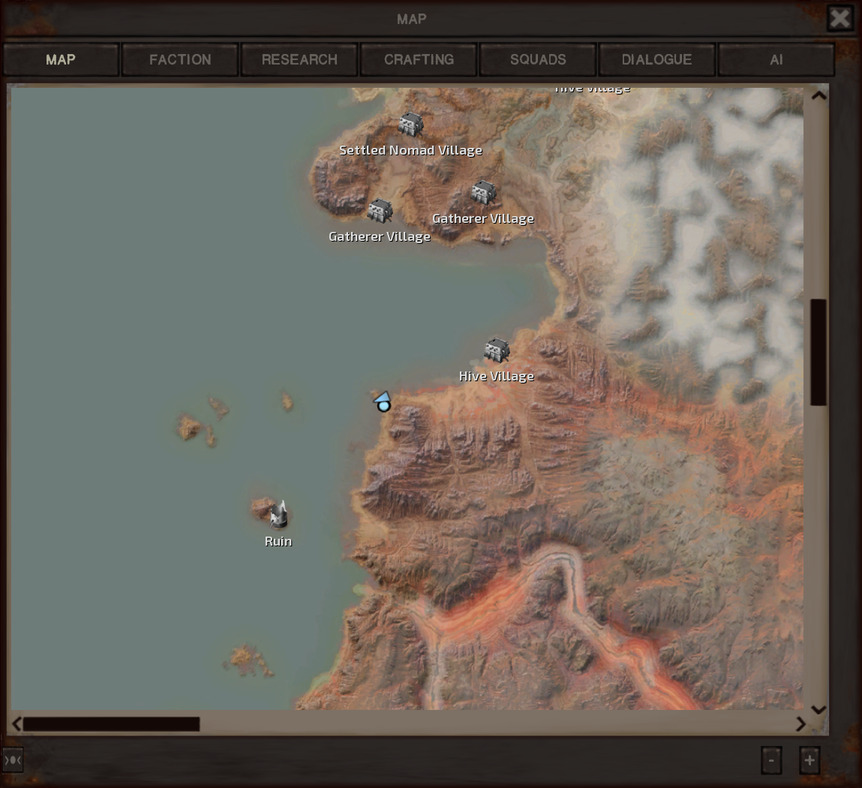 The map, pretty much the same display as the one above. The gang is now further south and at the water's edge, in position to swim to the first island in the chain. The first island is directly to their west and very close, the second a ways to the west of that. The third is further west and a bit south, forming the point of the chevron (it's a sideways chevron). The fourth and final island, the one with the ruin on it, is the furthest away from the others, southest from the third. It makes up the other arm of the chevron.