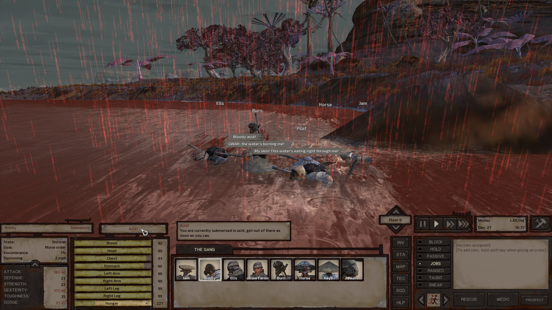 The gang has entered the water and is just starting to swim. The water is a deep red colour. The humans cry out in pain.