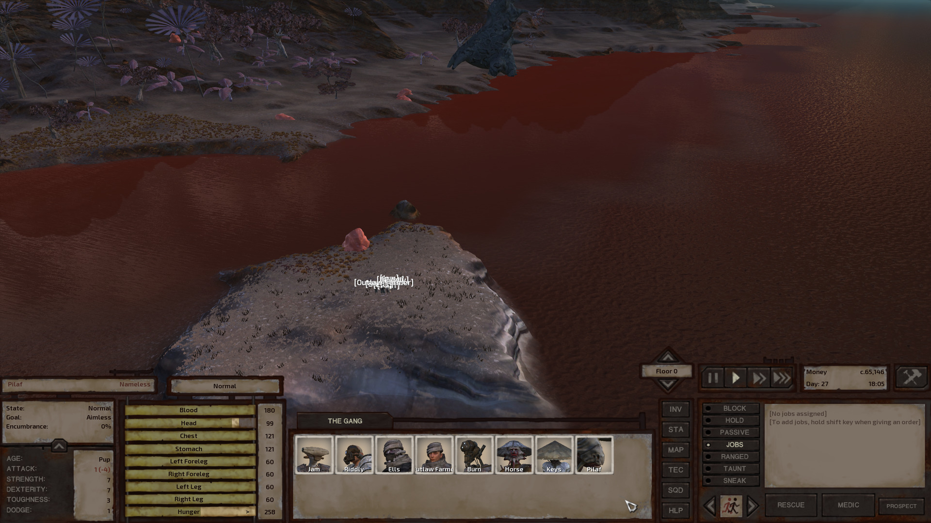 The gang stands on a tiny triangular island with the water on the shore-facing side a forbidding red and the water on the seaward side much more normal-looking. It's still reddish but not nearly as intensely red and it would be blue were the sun at a different angle. Where the two shades of water meet, there's a clearly visible band of colour that in the current lighting, is almost grey.