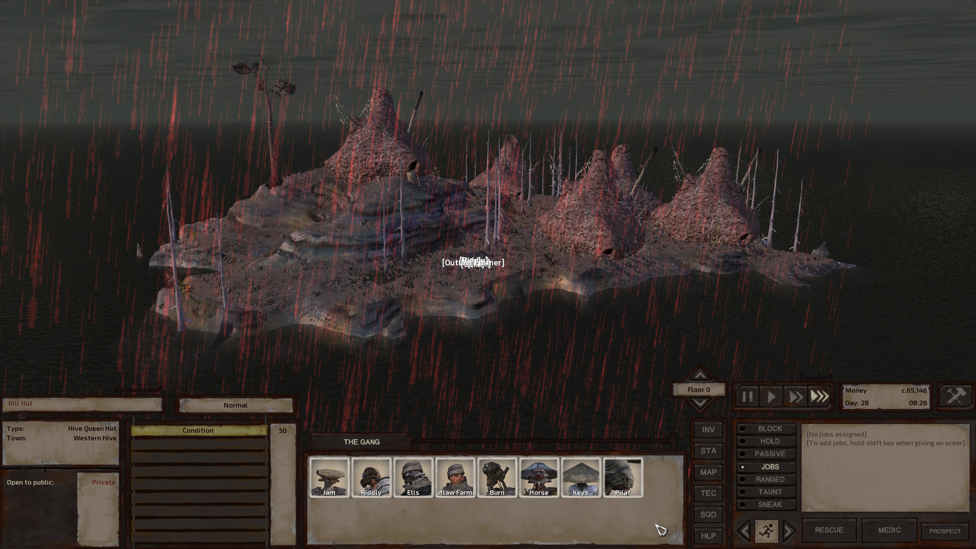A rocky island with five hive huts, just big enough to fit this settlement. One of the huts is up on a small hill, or perhaps more accurately a raised plateau since most sides of it are more cliff-like than hill-like.