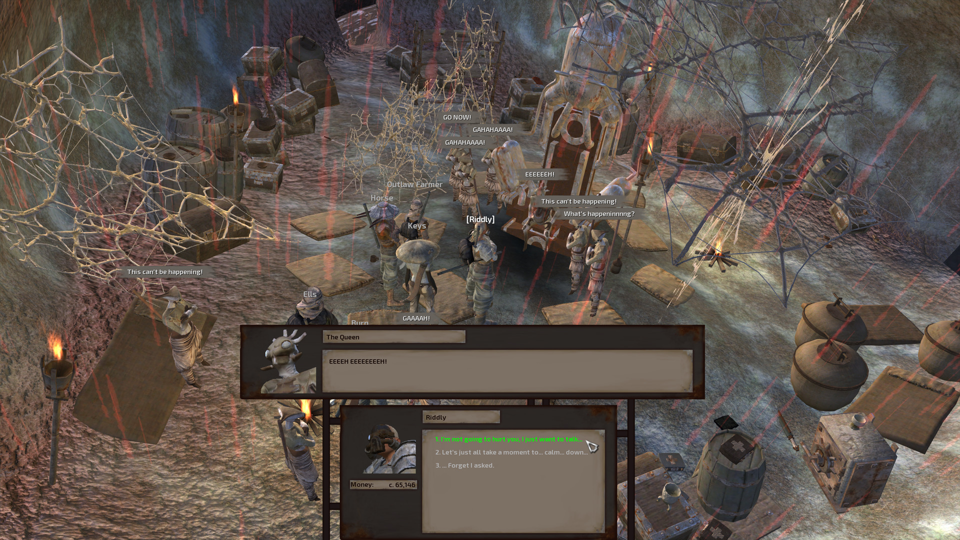 Riddly speaks to the Queen, who is screaming. Hive soldier drones stand guard around the room, arms crossed, also saying various things as in the paragraph above. The edges of the hut are lined with barrels, crates, and safes. Thick webbing stretches here and there.