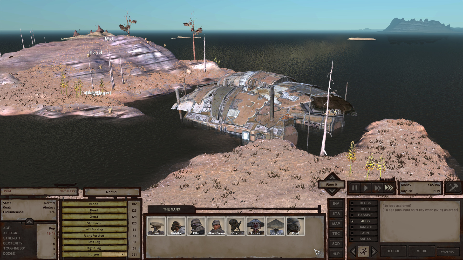 The ruin of an ancient workshop sits in a shallow channel between two halves of a small island. The workshop is an elongated open-air metal structure with two raised halves that, considering it's sitting in the water, make it look kind of like a catamaran. A rounded metal roof stretches over the structure.