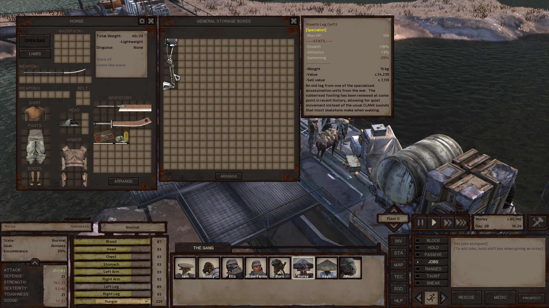 Horse's inventory is open, showing the stealth leg.