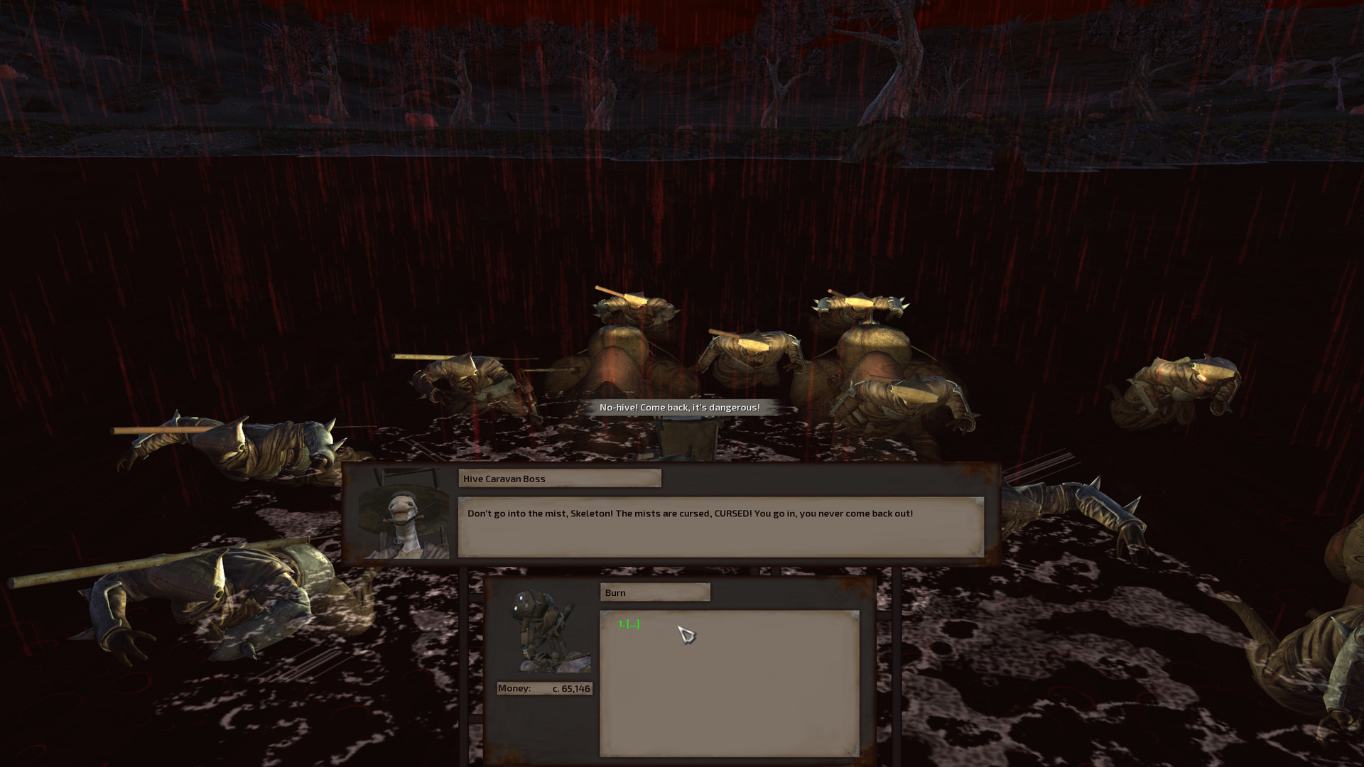 A whole bunch of hive soldiers wearing armoured rags tread water, their faces illuminated by the lanterns on the pack garru they have with them. The prince is hidden behind the dialogue box.