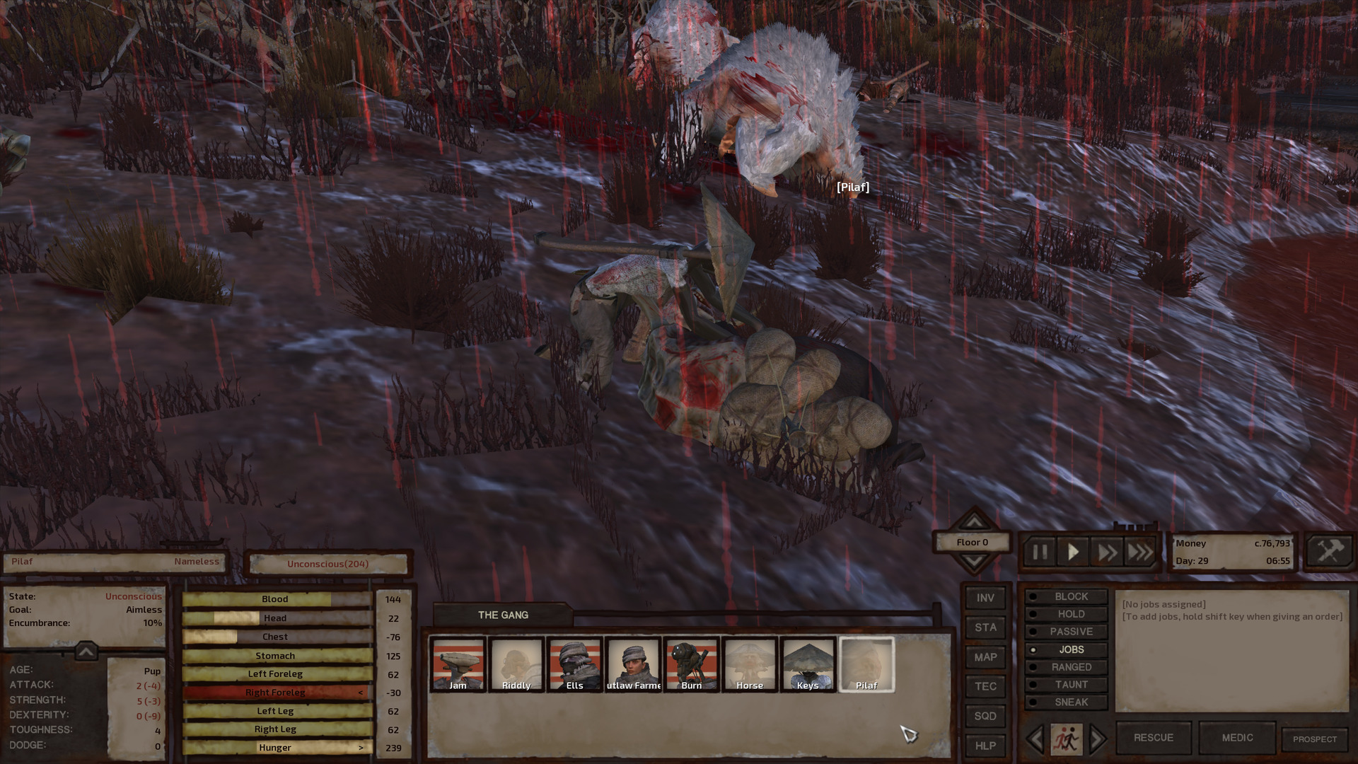 On the riverbank, next to the corpses of the two gorillos, Keys kneels and provides first aid to the bloodied Pilaf.