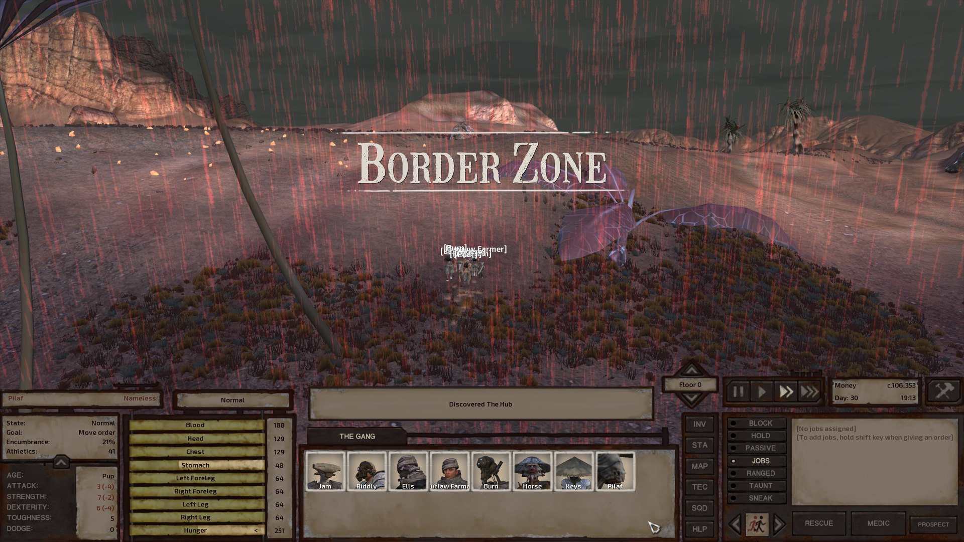 The Vain jungle gives way to bare, dry ground. There are a couple rocky hills and ridges in the distance. A title card informs us the gang is entering the Border Zone.