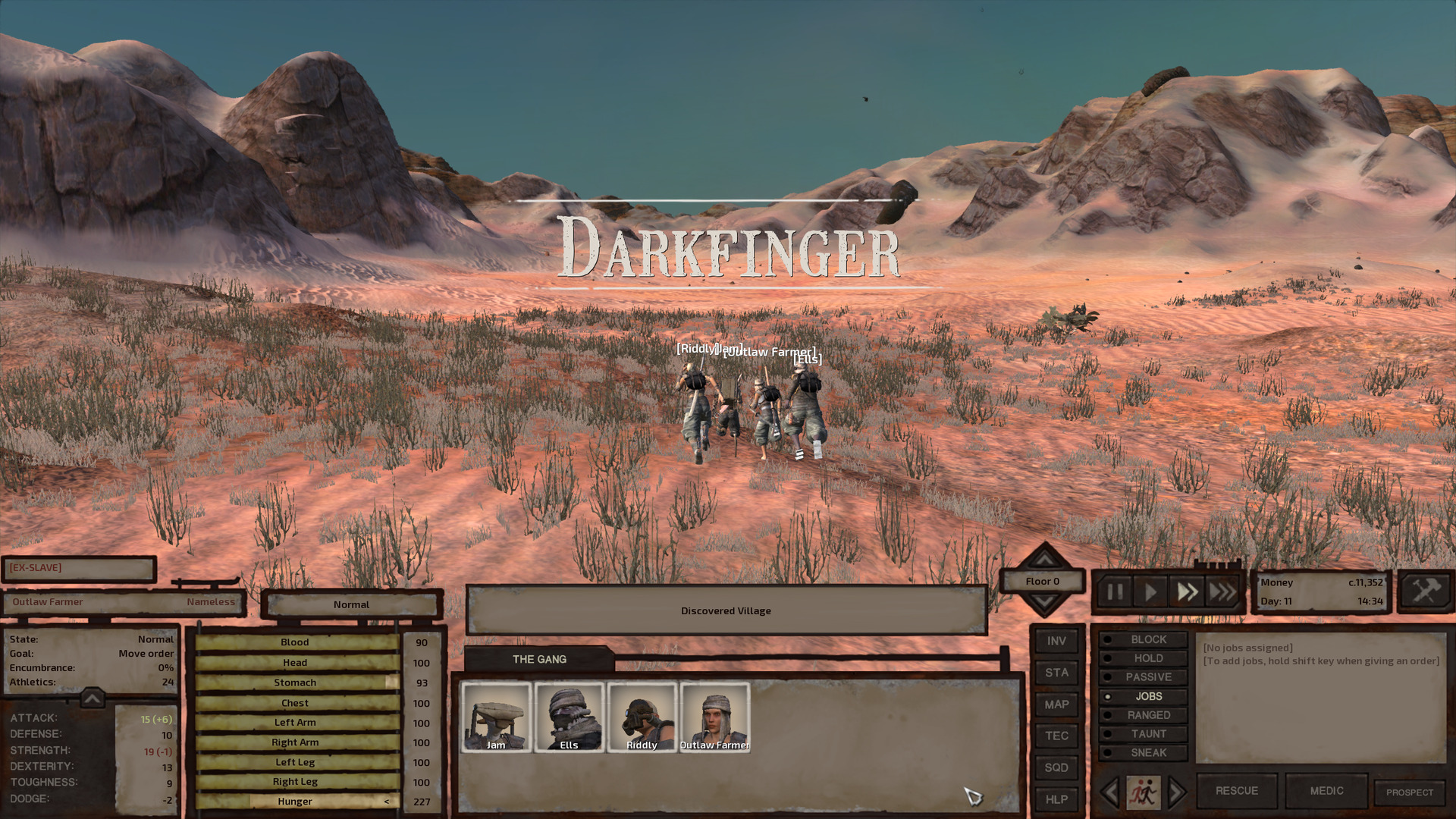 Title text on the screen reads 'Darkfinger', signifying that the gang has entered the region by that name. Up ahead, the sand changes from orange to white and the thick scrub thins to nothing. Hills of sand-covered rock dominate the landscape ahead.