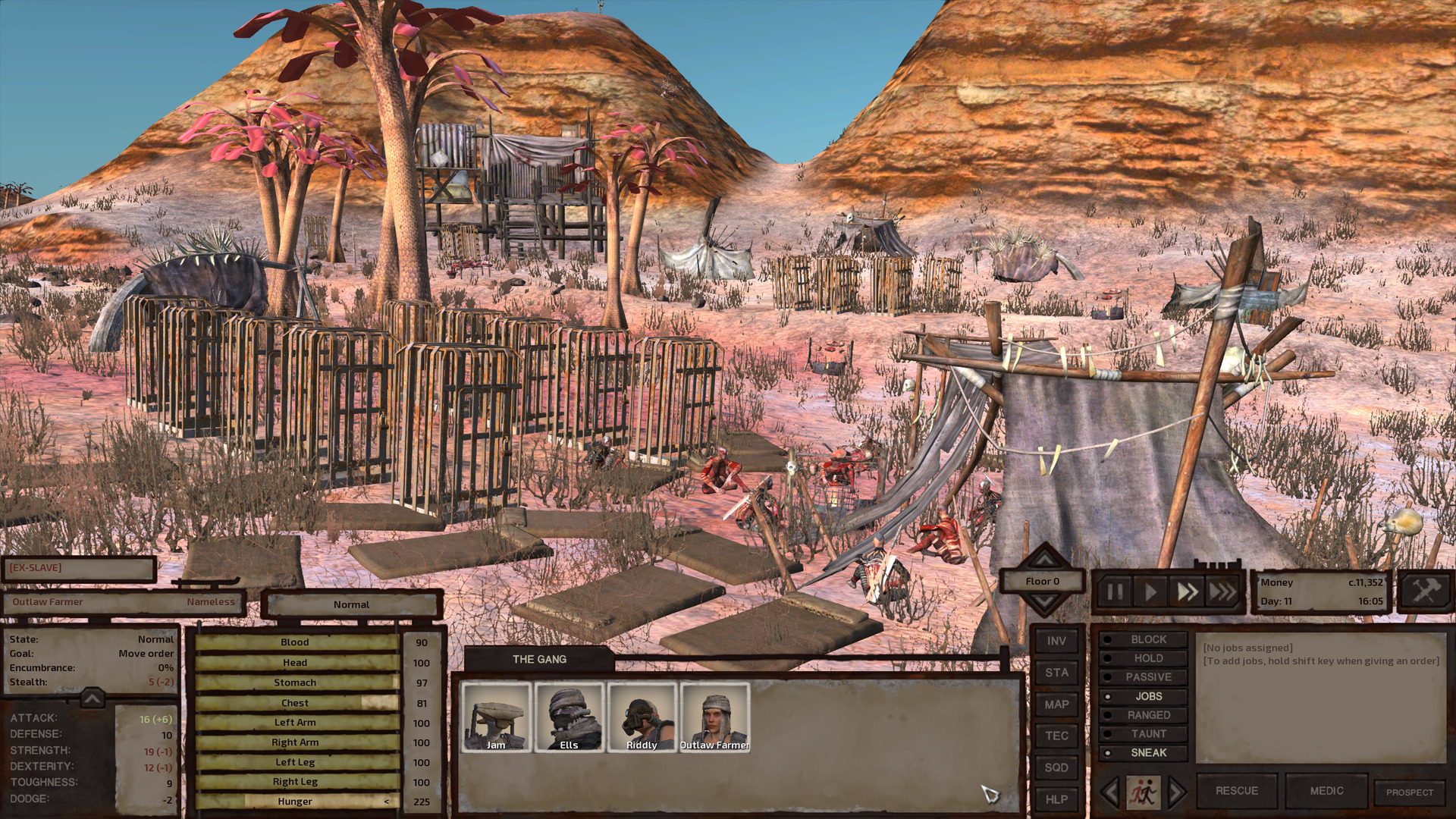 Atop streaks of pink in Darkfinger's white sand, a shack on stilts, a couple tents, and numerous human-sized cages delineate a village. A cannibal village. Near the cages, a group of cannibals sit. They are naked humans wearing elaborate body paint in red, black, and white. Each carries a large cleaver.