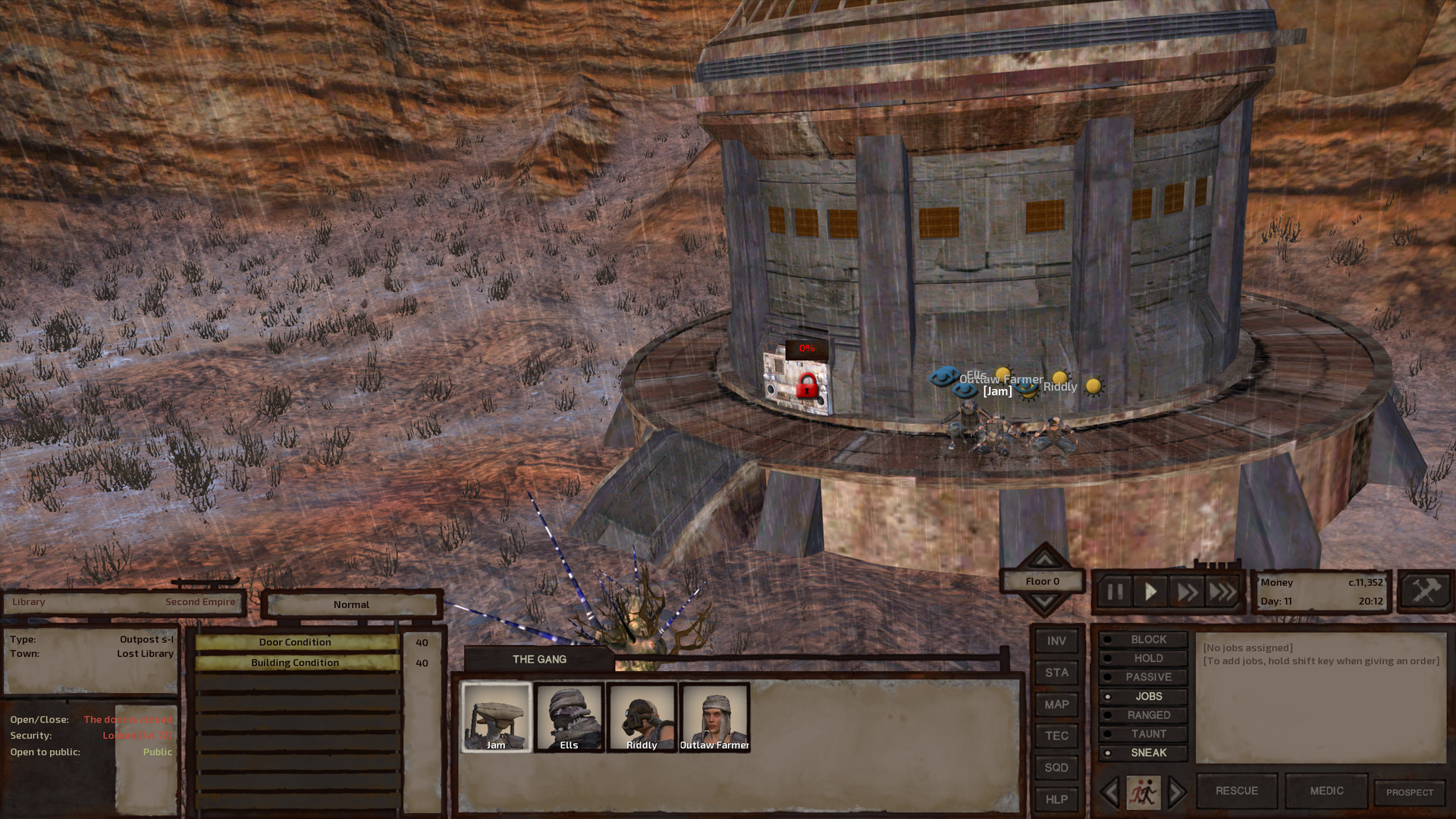 The gang creeps stealthily around the foundation's outer ring, a wide walkway that surrounds the building proper. The cursor, hovering over the door, tells us that it is locked and that Jam ha a 0% chance to pick it.